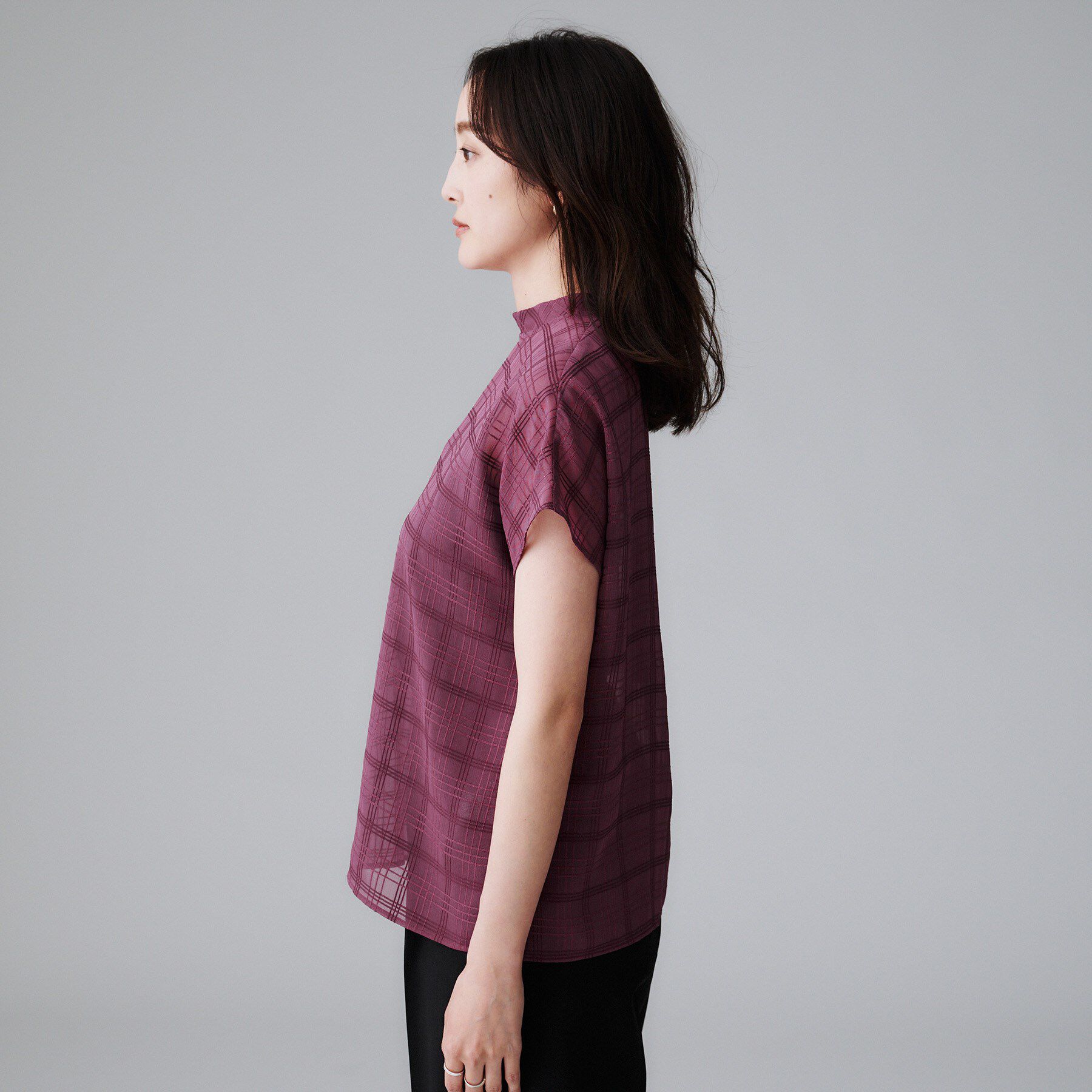 UNTITLED「【シアー】チェックスタンドネックブラウス」|シャツ・ブラウス|