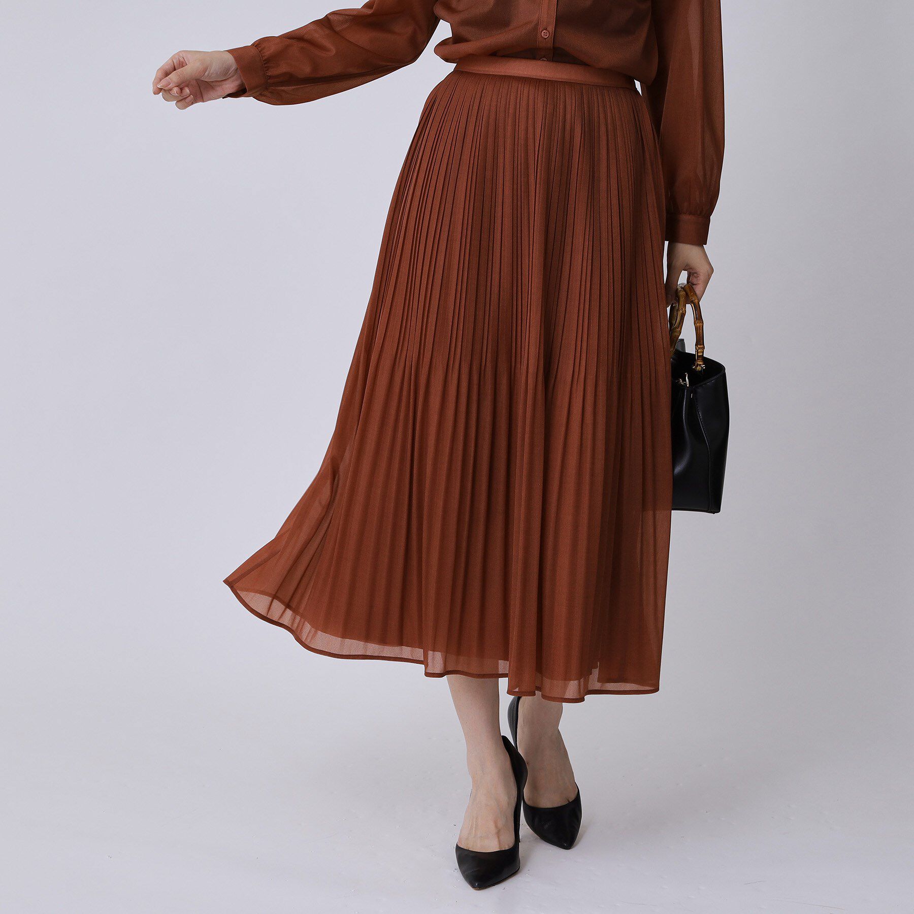 COUP DE CHANCE「【手洗い可／ウエストゴム】デニム柄プリントのプリーツスカート」|スカート|オレンジ(169)