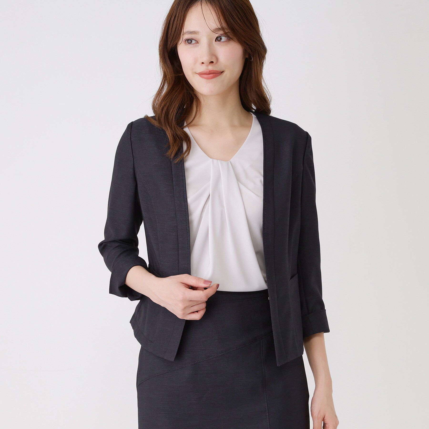 COUP DE CHANCE「【手洗い可／日本製／接触冷感／スーツ可／ワンピース羽織】麻調合繊ノーカラージャケット」|ノーカラージャケット|ネイビー(094)