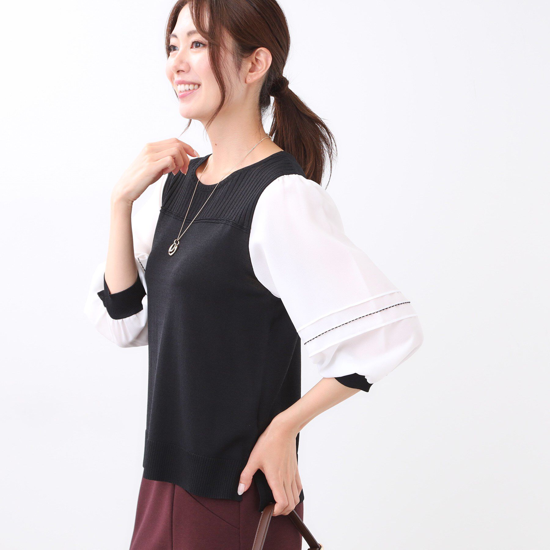 Reflect「【WEB先行カラーあり／手洗い可】ジョーゼットスリーブ&times;ニット」|Tシャツ・カットソー|