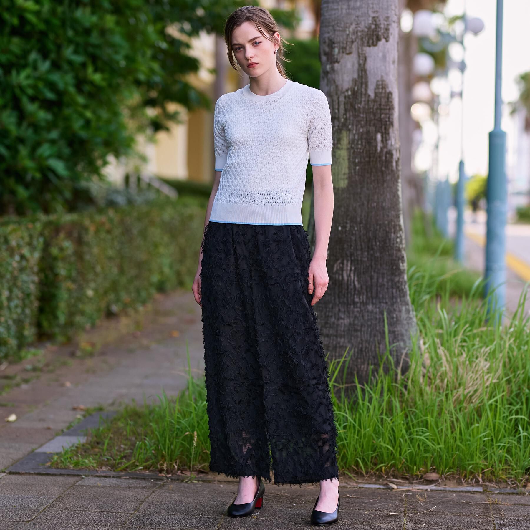 DRESSTERIOR「【6色展開/オンオフ】レース編みハーフスリーブニット」|ニット・セーター|