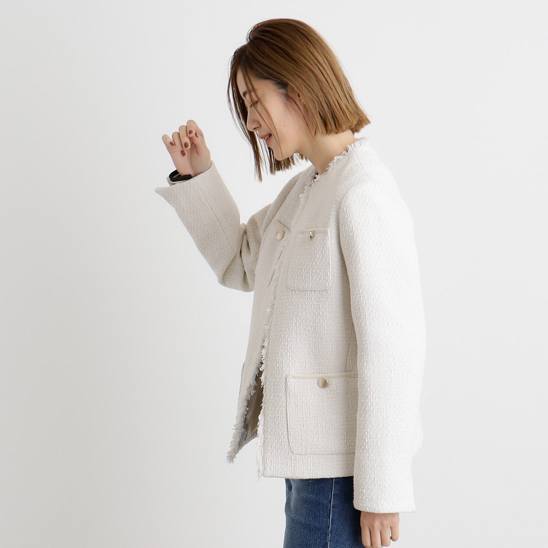 grove「フリンジツイードジャケット」|ノーカラージャケット|