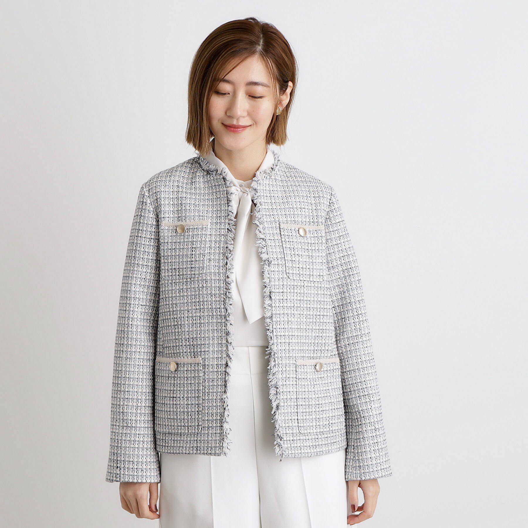 grove「フリンジツイードジャケット」|ノーカラージャケット|