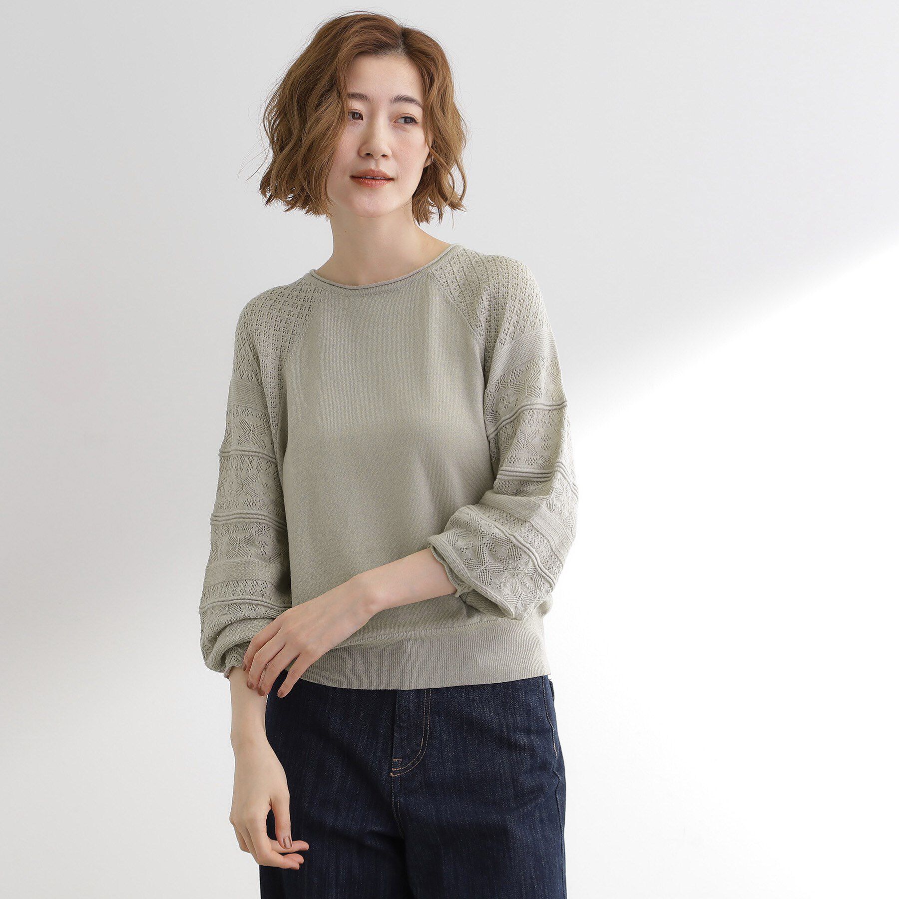 grove「【最終お値下げ！！】袖レース編みラグランスリーブニット」|ニット・セーター|グレージュ(050)