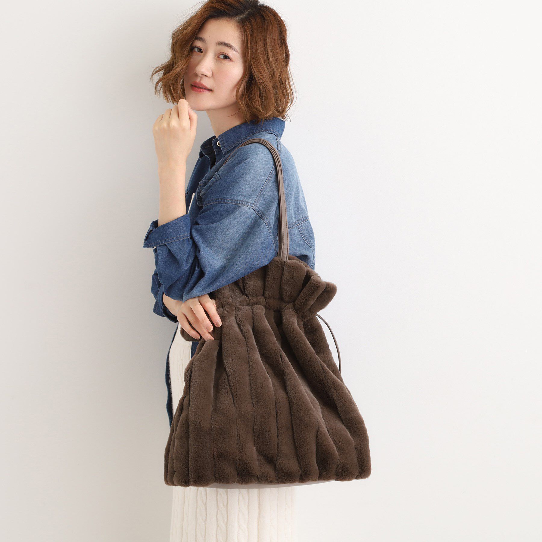 grove「ストライプエコファー巾着トート」|トートバッグ|