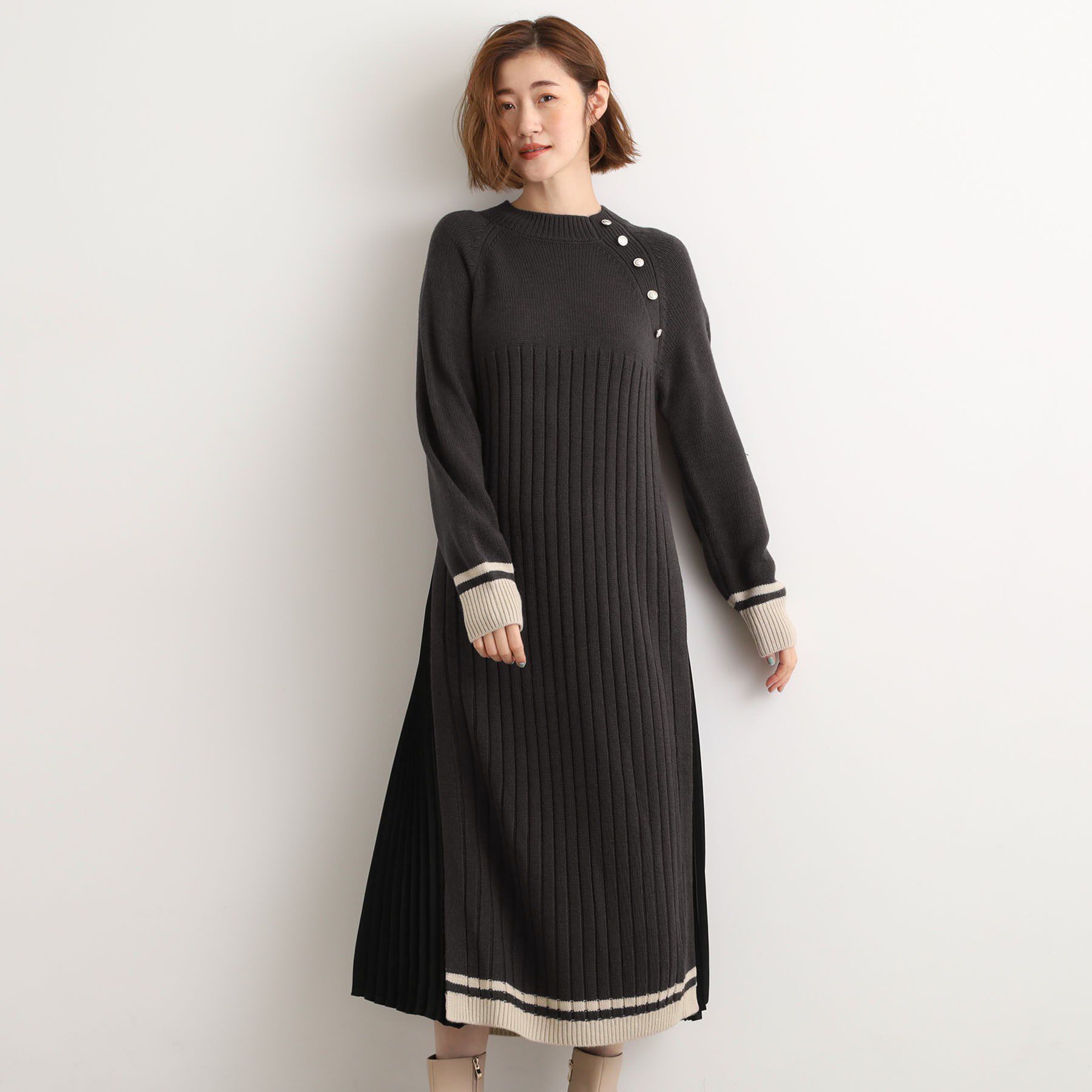 grove「【選べる着丈】配色サイドプリーツニットワンピース」|ワンピース|チャコールグレー(5