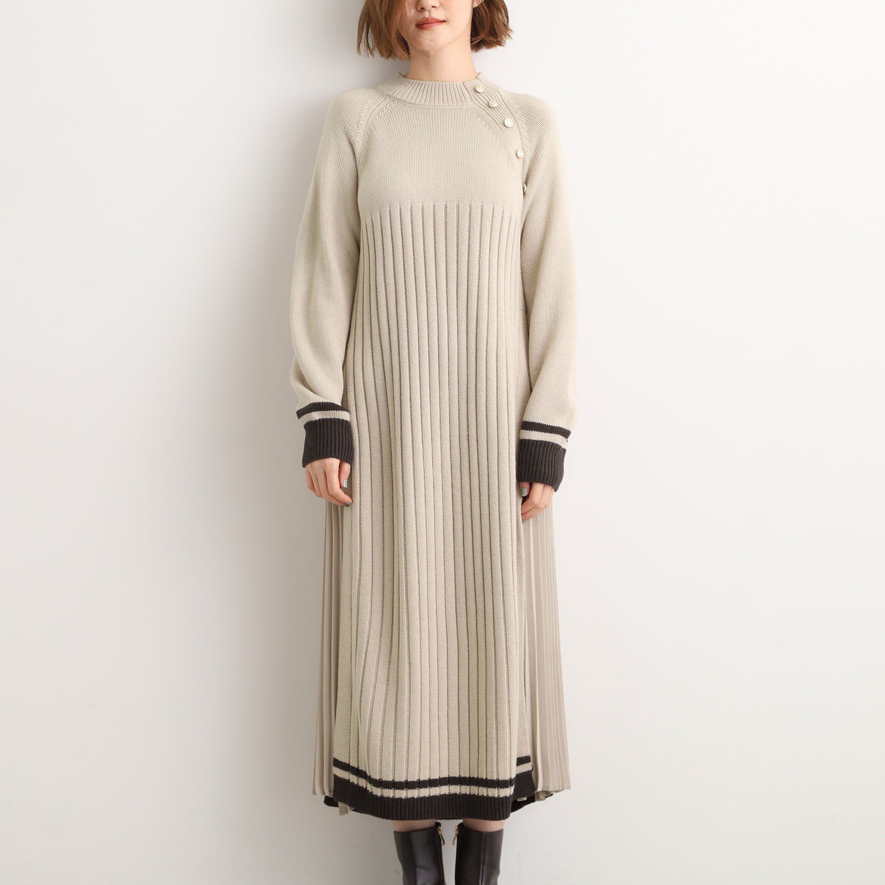 grove「【選べる着丈】配色サイドプリーツニットワンピース」|ワンピース|