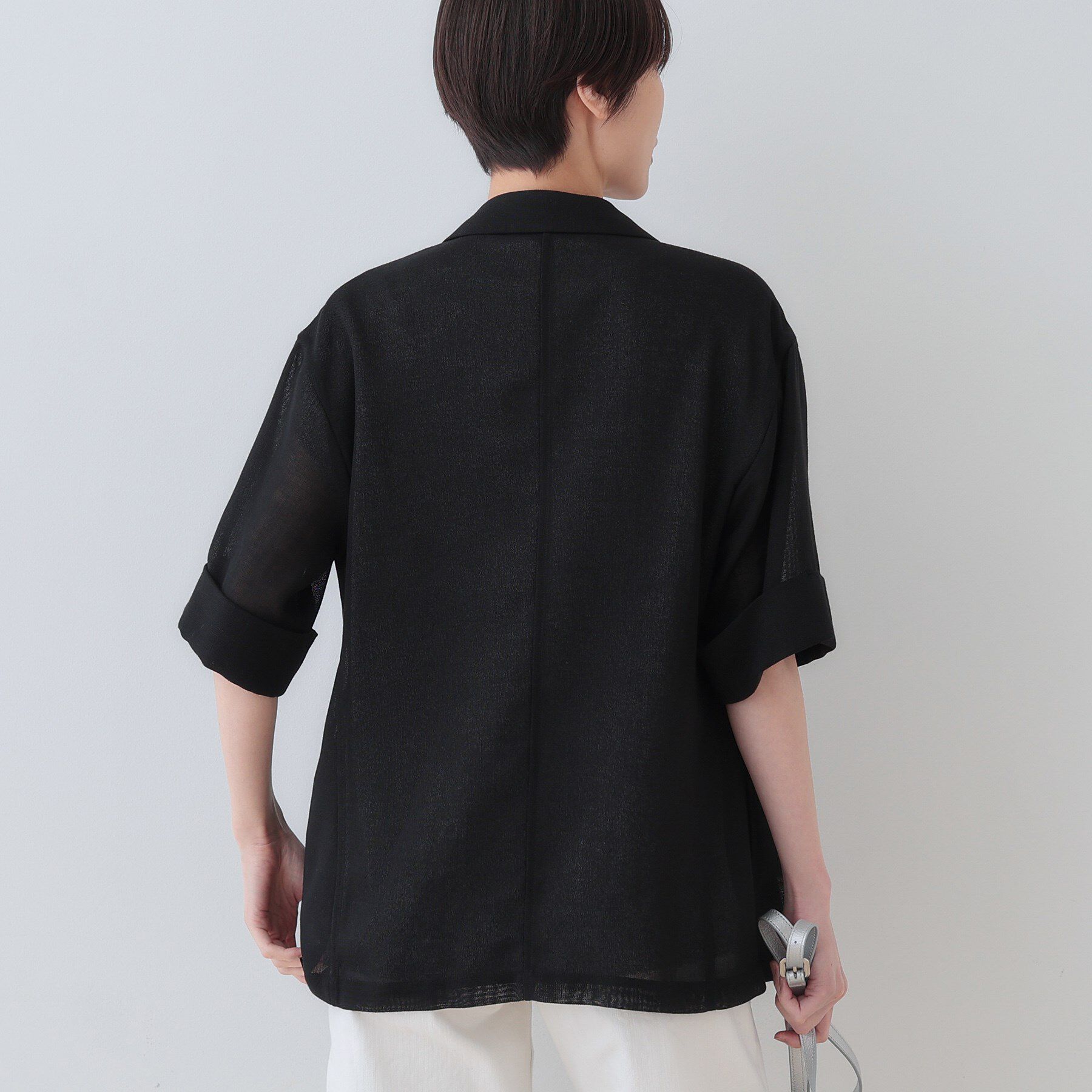 INDIVI「【洗える／メッシュ素材】リネンライク半袖ダブルジャケット」|テーラードジャケット|