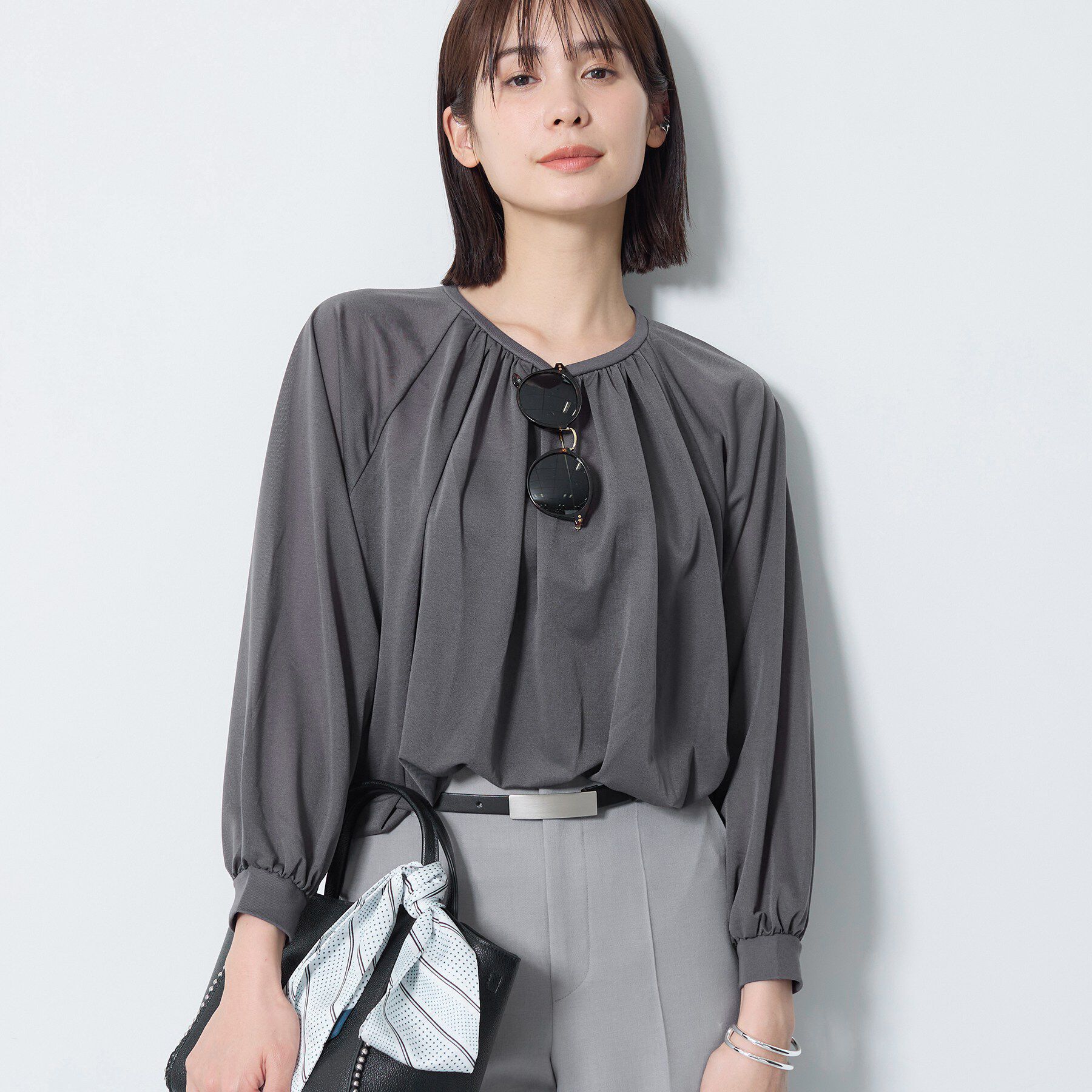 INDIVI「【体型カバー／マシンウォッシュ対応】シアージャージトップス」|Tシャツ・カットソー|チャコールグレー(0