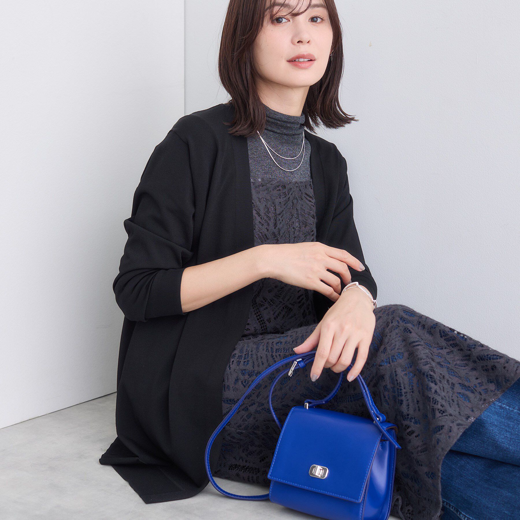 INDIVI「【洗える】着流しロングカーディガン」|カーディガン|ブラック(019)