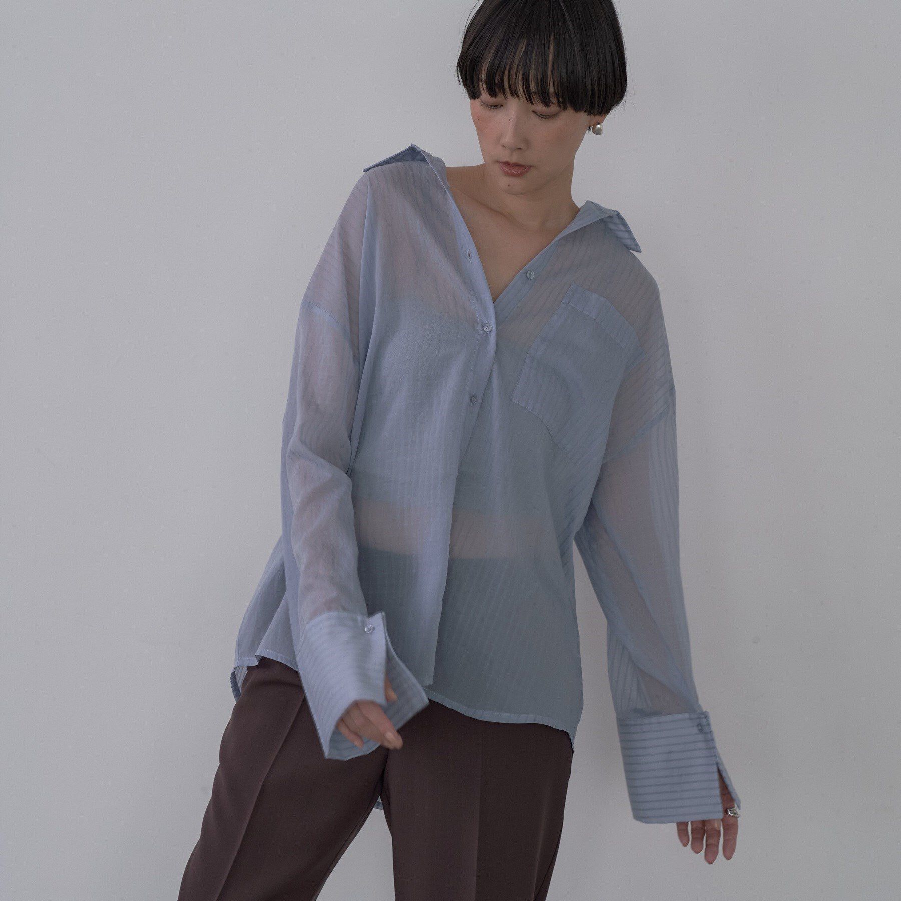 GALLEST「ワイドカフスシアーストライプシャツ/秋服/シアーシャツ」|シャツ・ブラウス|ブルー(091)