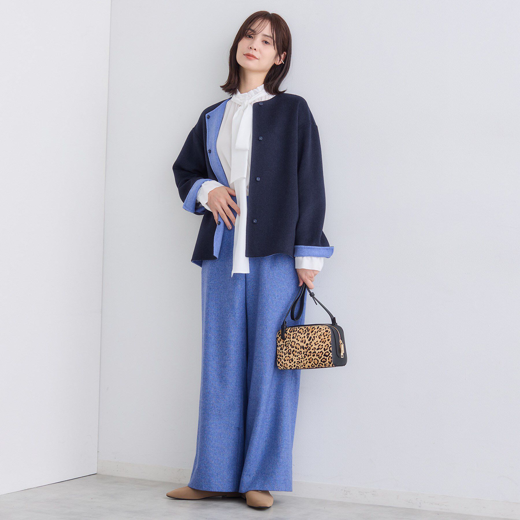 INDIVI「【配色デザイン／ショート丈】ウールリバー ノーカラーコート」|ノーカラーコート|