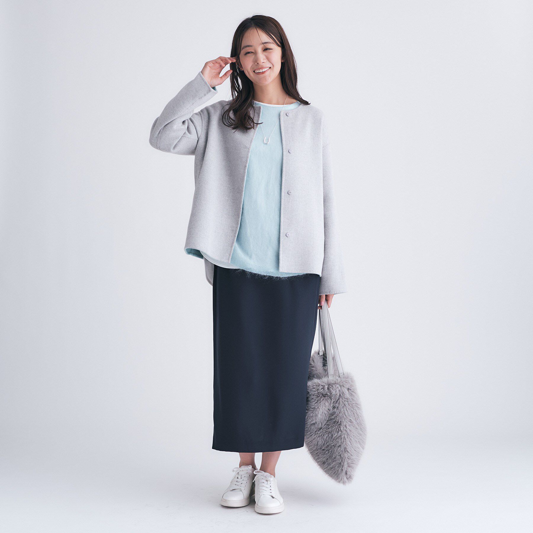 INDIVI「【配色デザイン／ショート丈】ウールリバー ノーカラーコート」|ノーカラーコート|