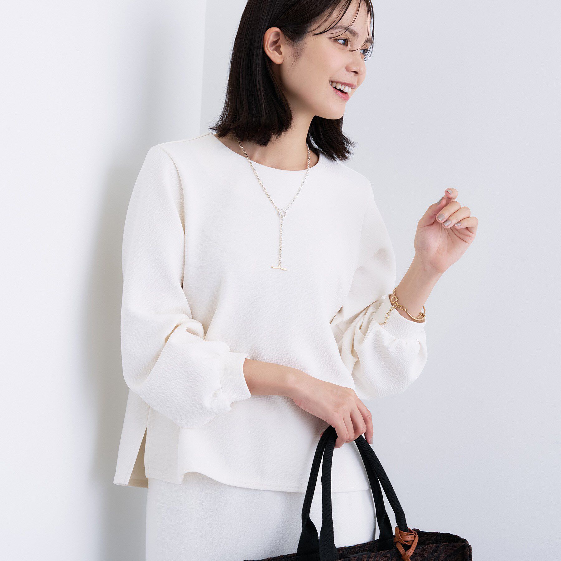 INDIVI「【SETUP可能／袖コンシャス】ダンボールジャージトップス」|Tシャツ・カットソー|オフホワイト(003