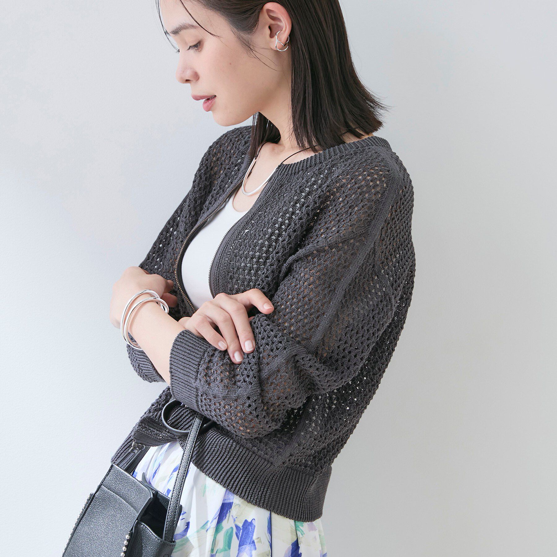 INDIVI「【洗える／コットン】メッシュジップニットカーディガン」|カーディガン|