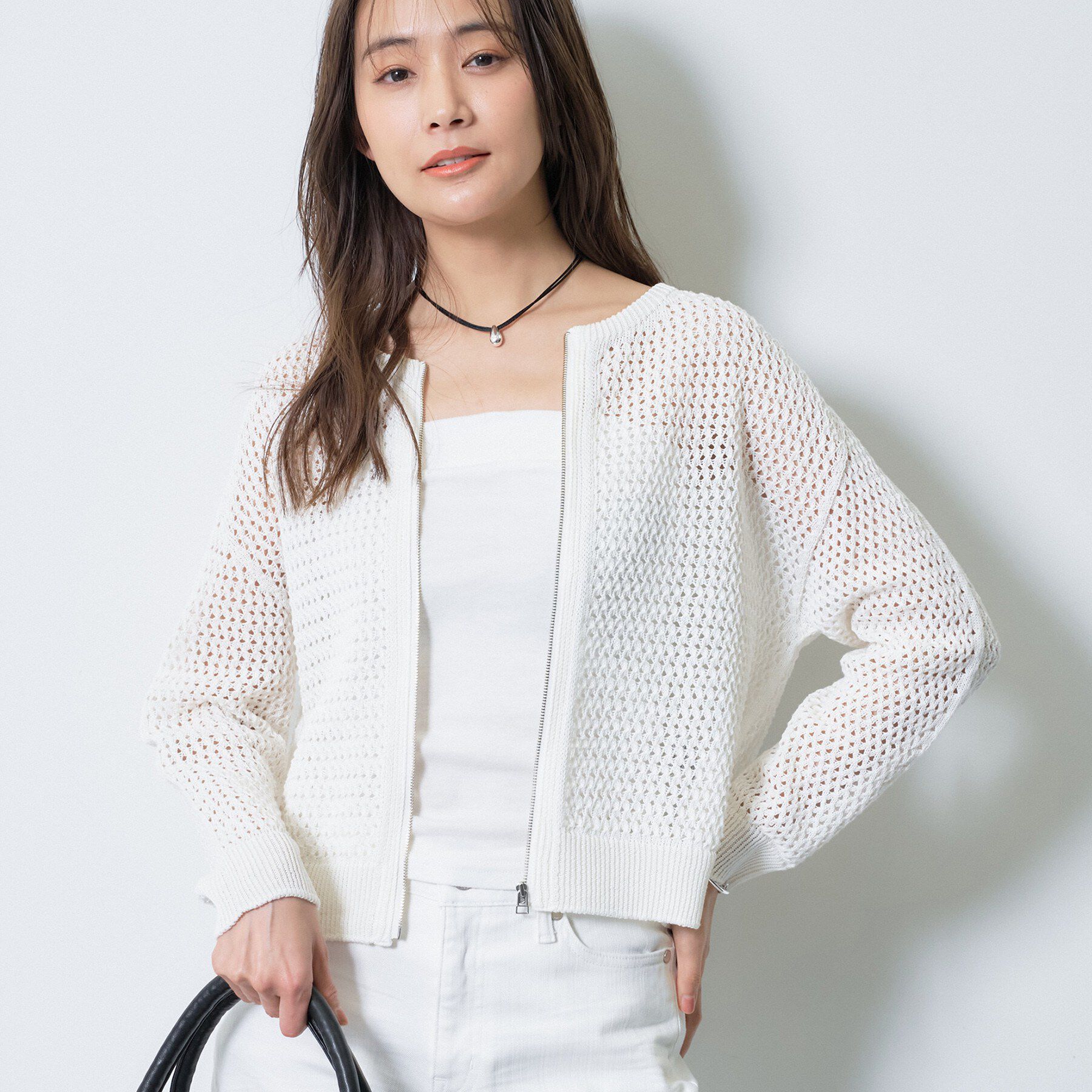 INDIVI「【洗える／コットン】メッシュジップニットカーディガン」|カーディガン|