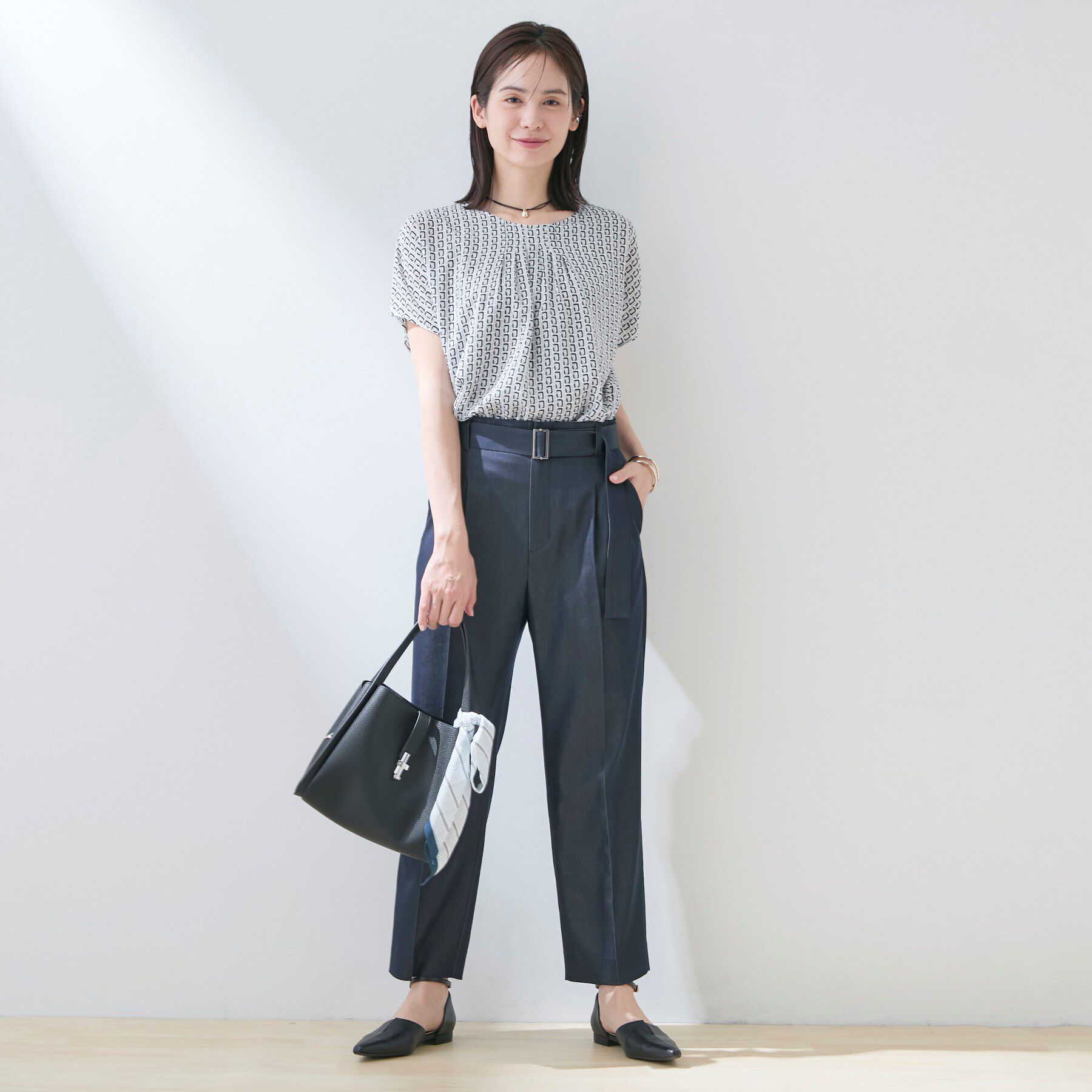 INDIVI「【洗える】無地＆チェーン柄 ギャザートップス」|シャツ・ブラウス|