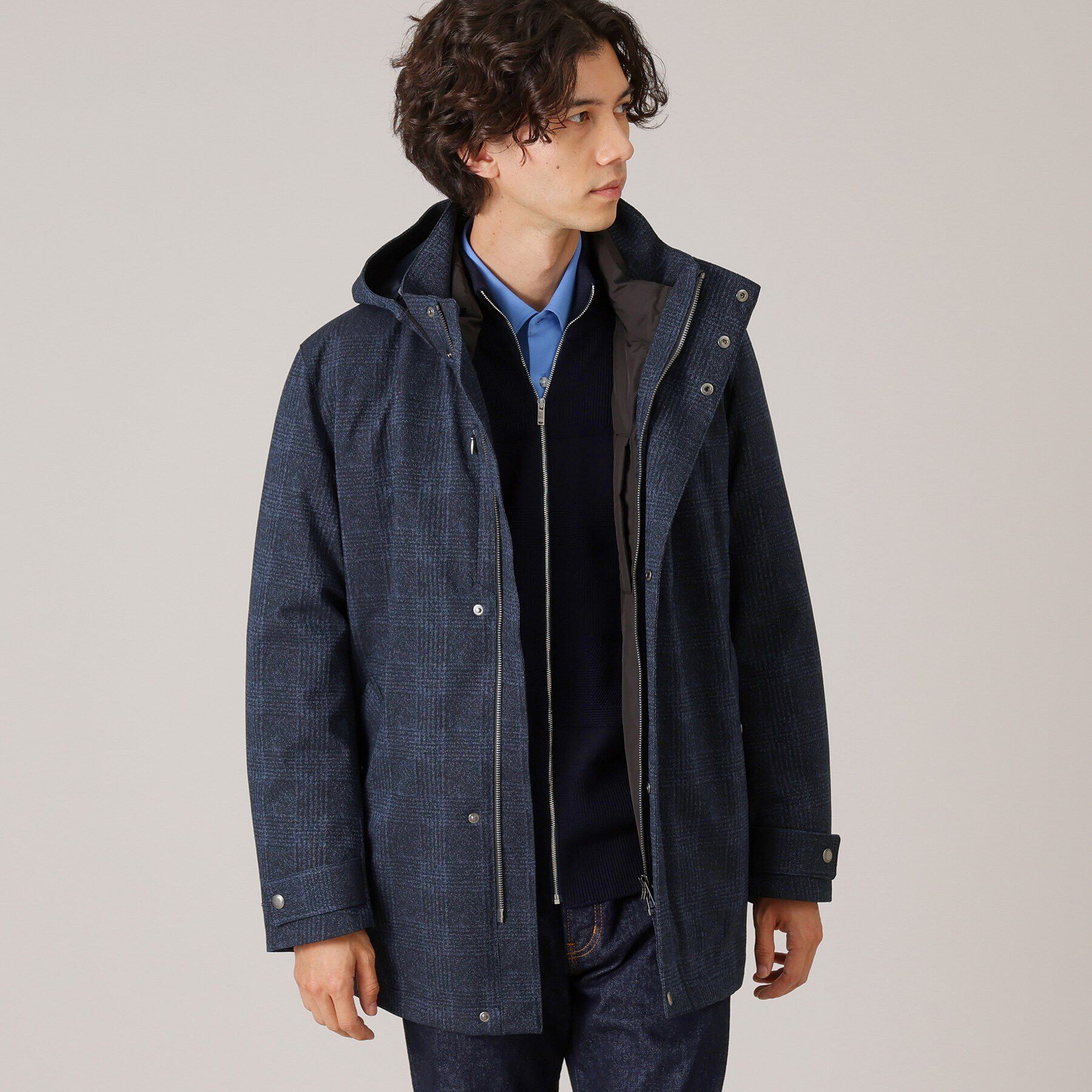 TAKEO KIKUCHI「【3WAY】ジャカード グレンチェック ダウンライナー ブルゾン」|ブルゾン・スタジャン|ブルー(293)