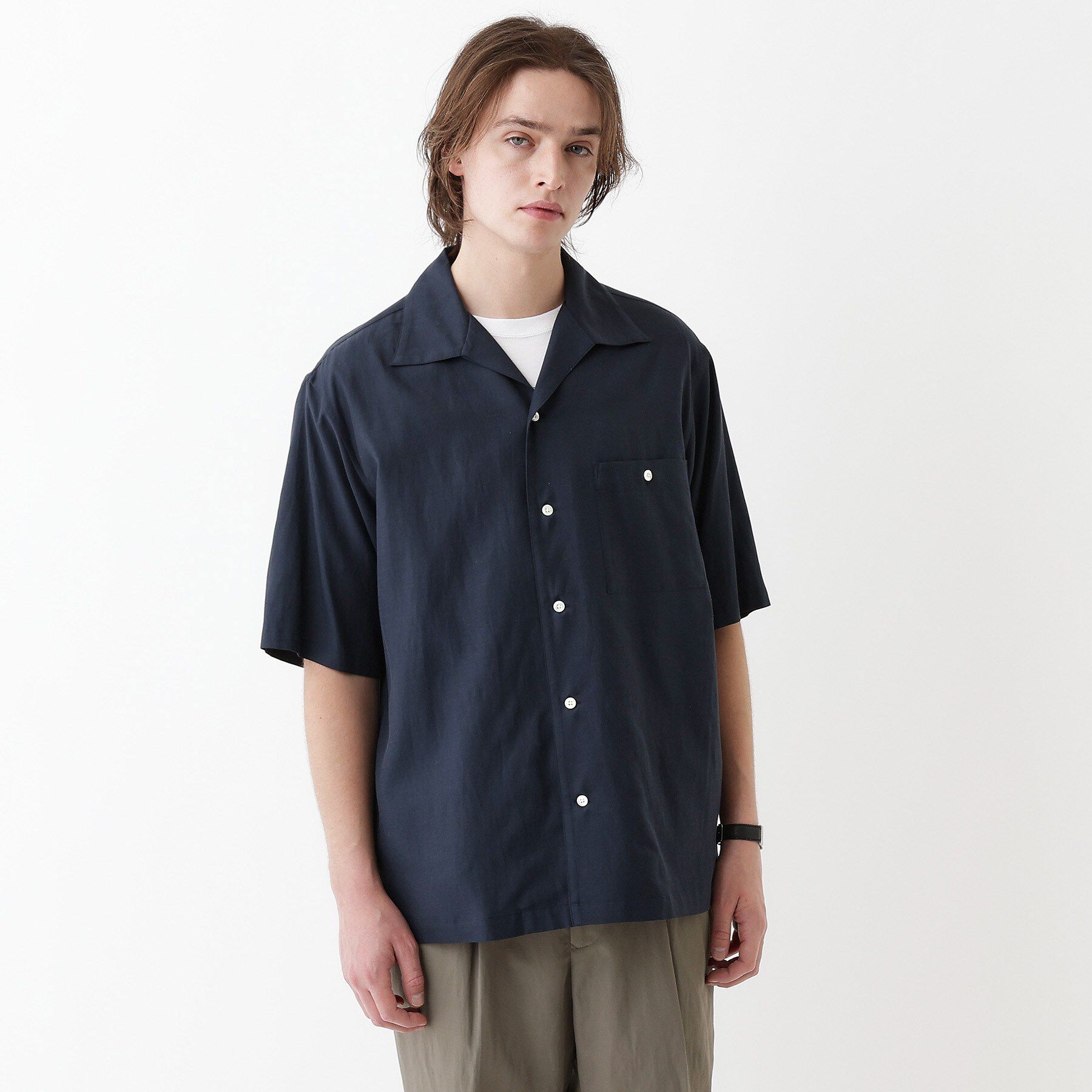 TAKEO KIKUCHI「【THE FLAGSHIP】変形オープンカラー 半袖シャツ」|シャツ・ブラウス|ネイビー(094)
