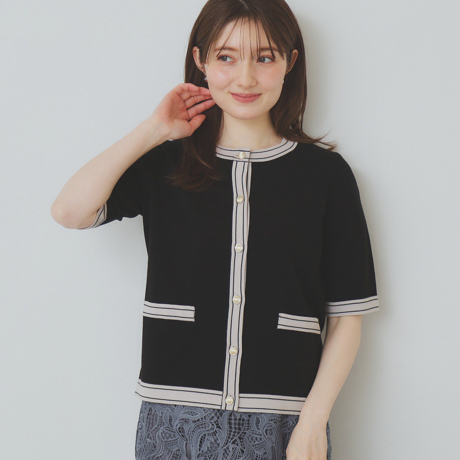 index「バイカラークルーネックカーディガン/オーガニックコットン混【UV/洗濯機洗い可】」|カーディガン|