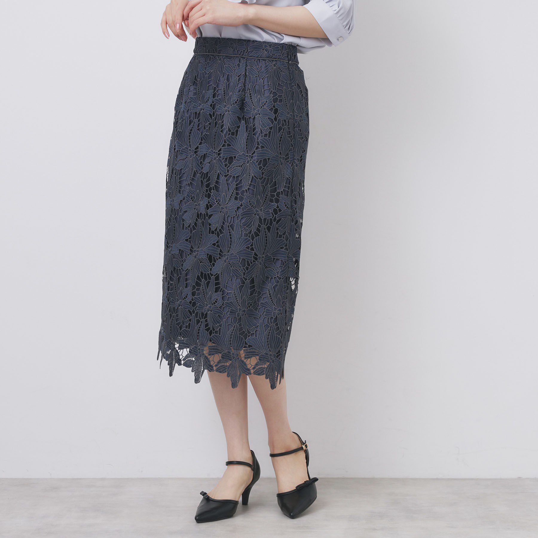 index「《S-3Lサイズ》バイカラーレースタイトスカート【洗濯機洗い可】」|スカート|ネイビー(094)