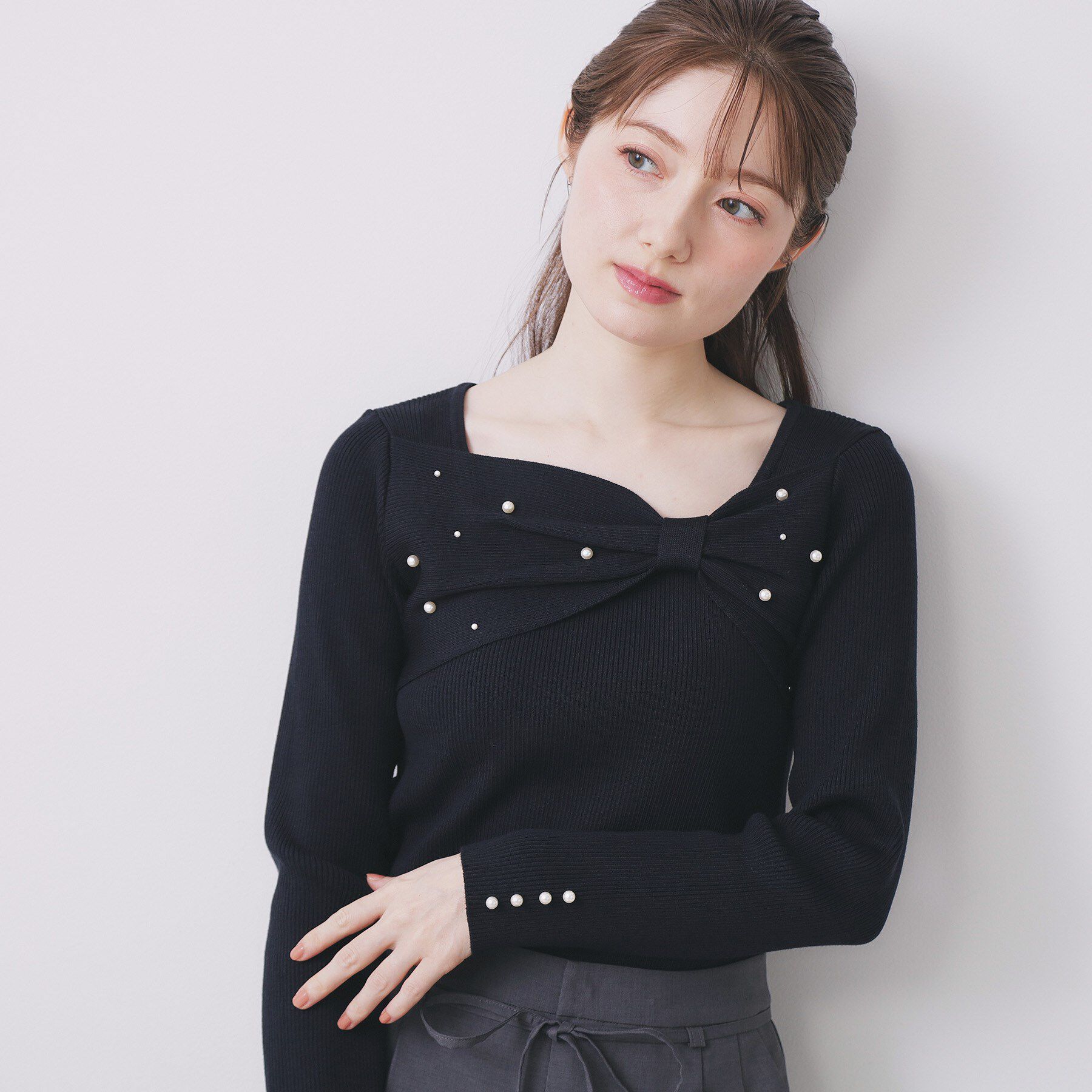 index「リボンパール調リブニット【洗濯機OK】」|ニット・セーター|ネイビー(094)