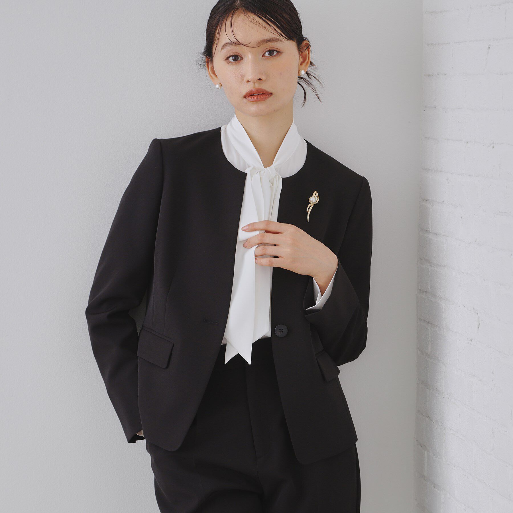 OPAQUE.CLIP「《通勤セットアップ対応》キーネックジャケットダブルクロス【洗濯機洗い可】」|ノーカラージャケット|