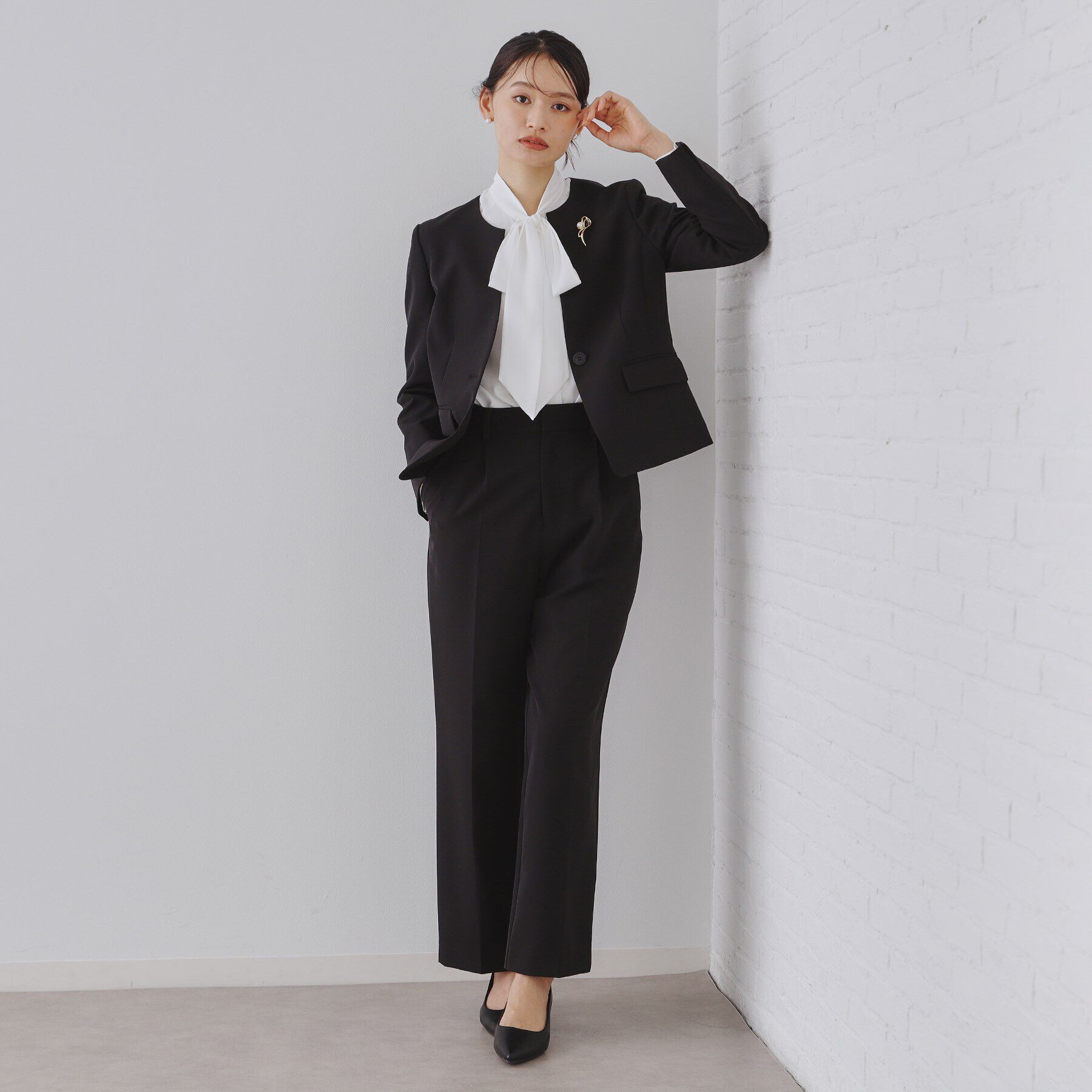 OPAQUE.CLIP「《通勤セットアップ対応》キーネックジャケットダブルクロス【洗濯機洗い可】」|ノーカラージャケット|