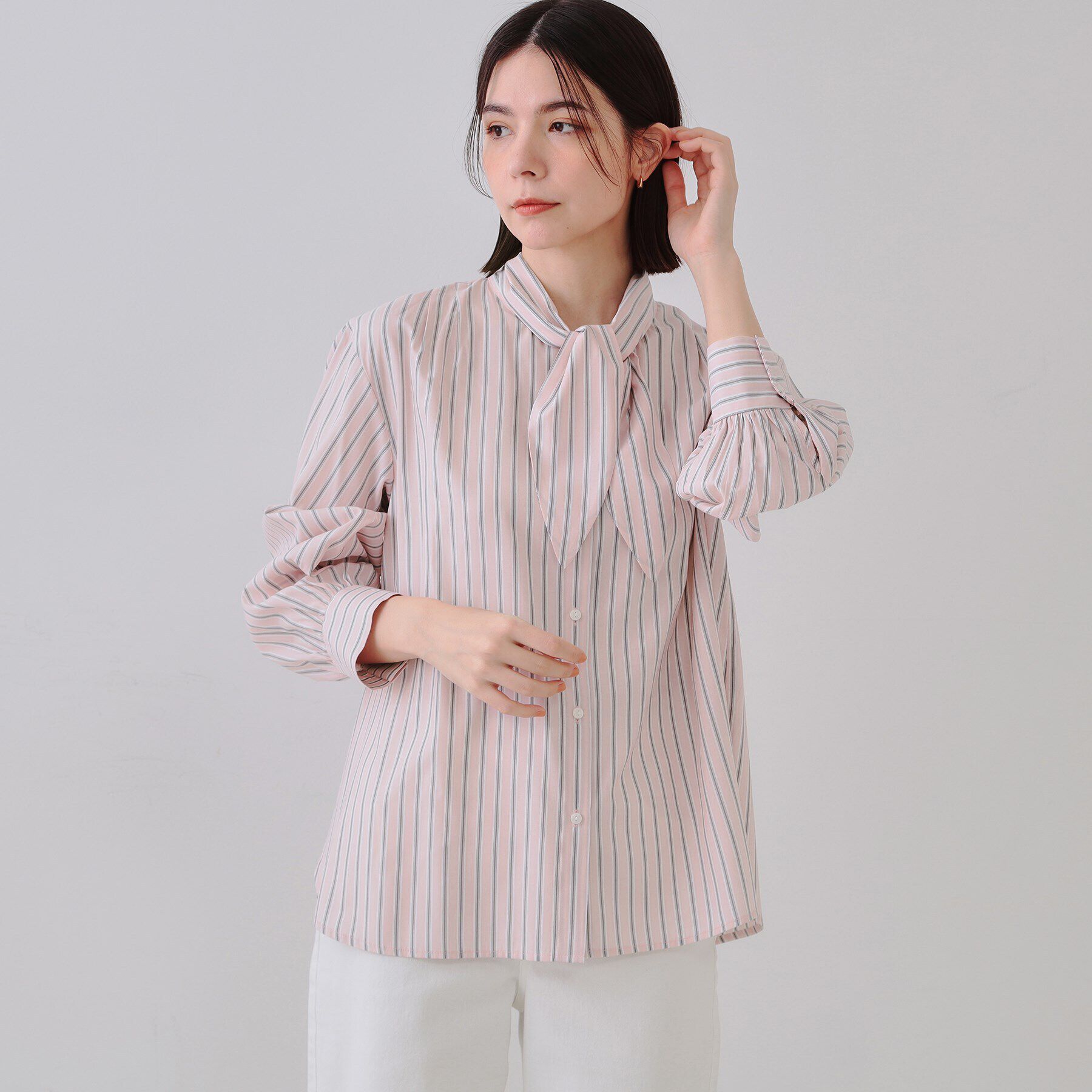 OPAQUE.CLIP「ストライプボウタイシャツ【洗濯機洗い可】」|シャツ・ブラウス|ピンク(371)