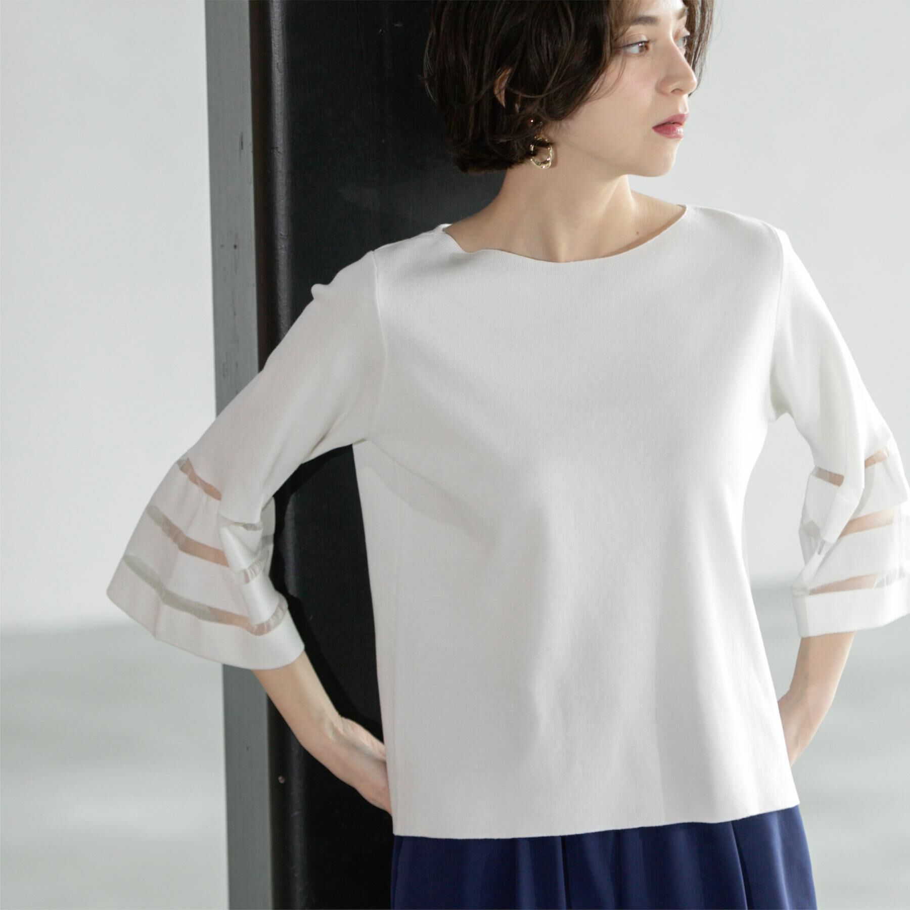 OPAQUE.CLIP「《6色展開》シアーボーダーフレアスリーブニット【洗濯機洗い可】」|ニット・セーター|