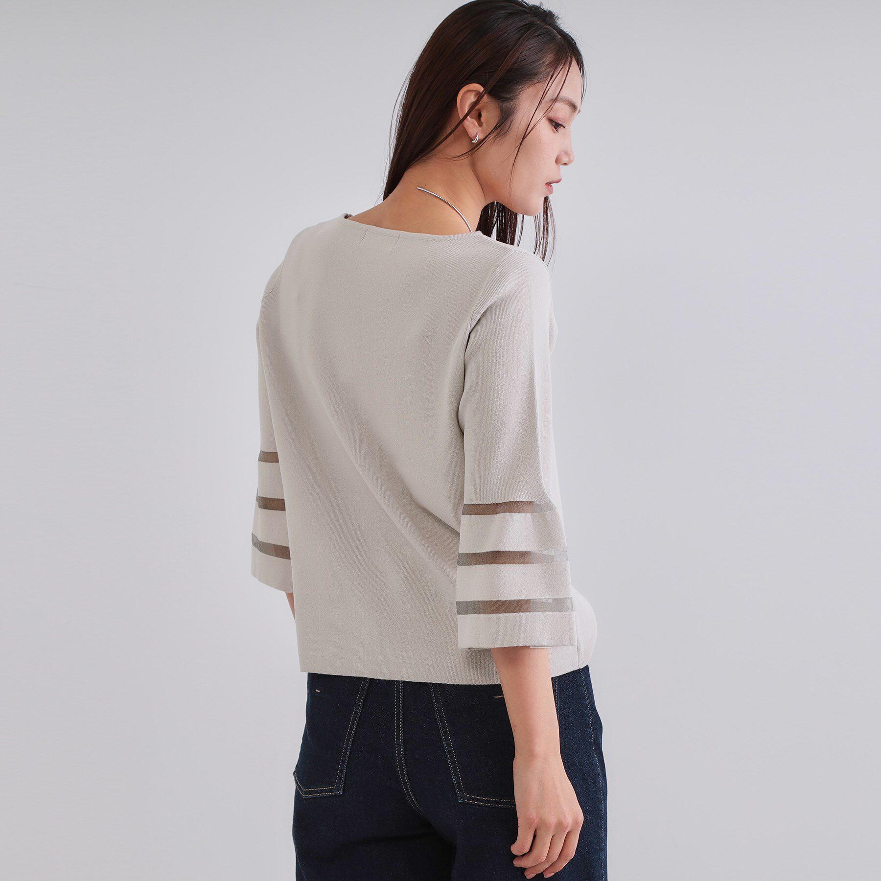 OPAQUE.CLIP「《6色展開》シアーボーダーフレアスリーブニット【洗濯機洗い可】」|ニット・セーター|