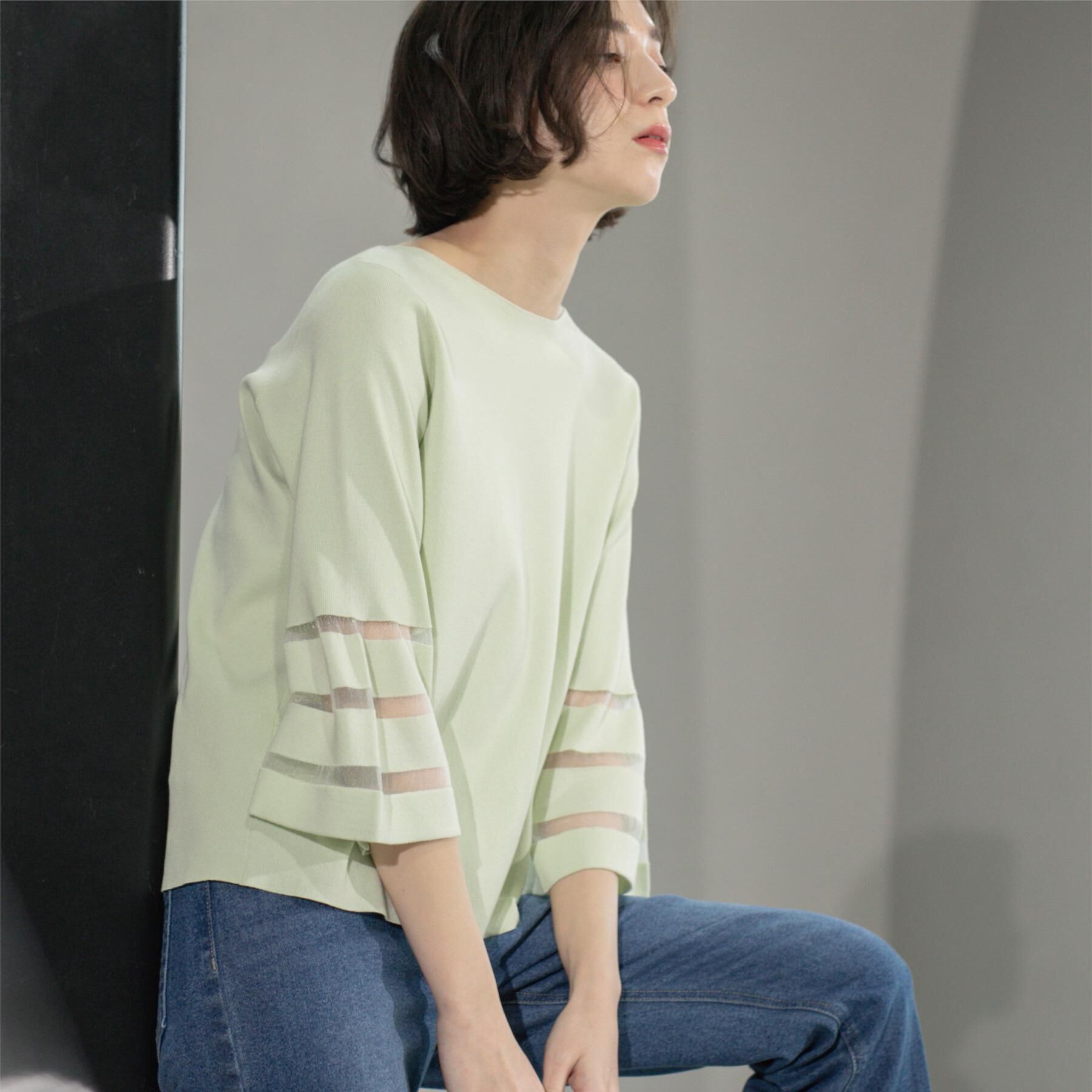 OPAQUE.CLIP「《6色展開》シアーボーダーフレアスリーブニット【洗濯機洗い可】」|ニット・セーター|