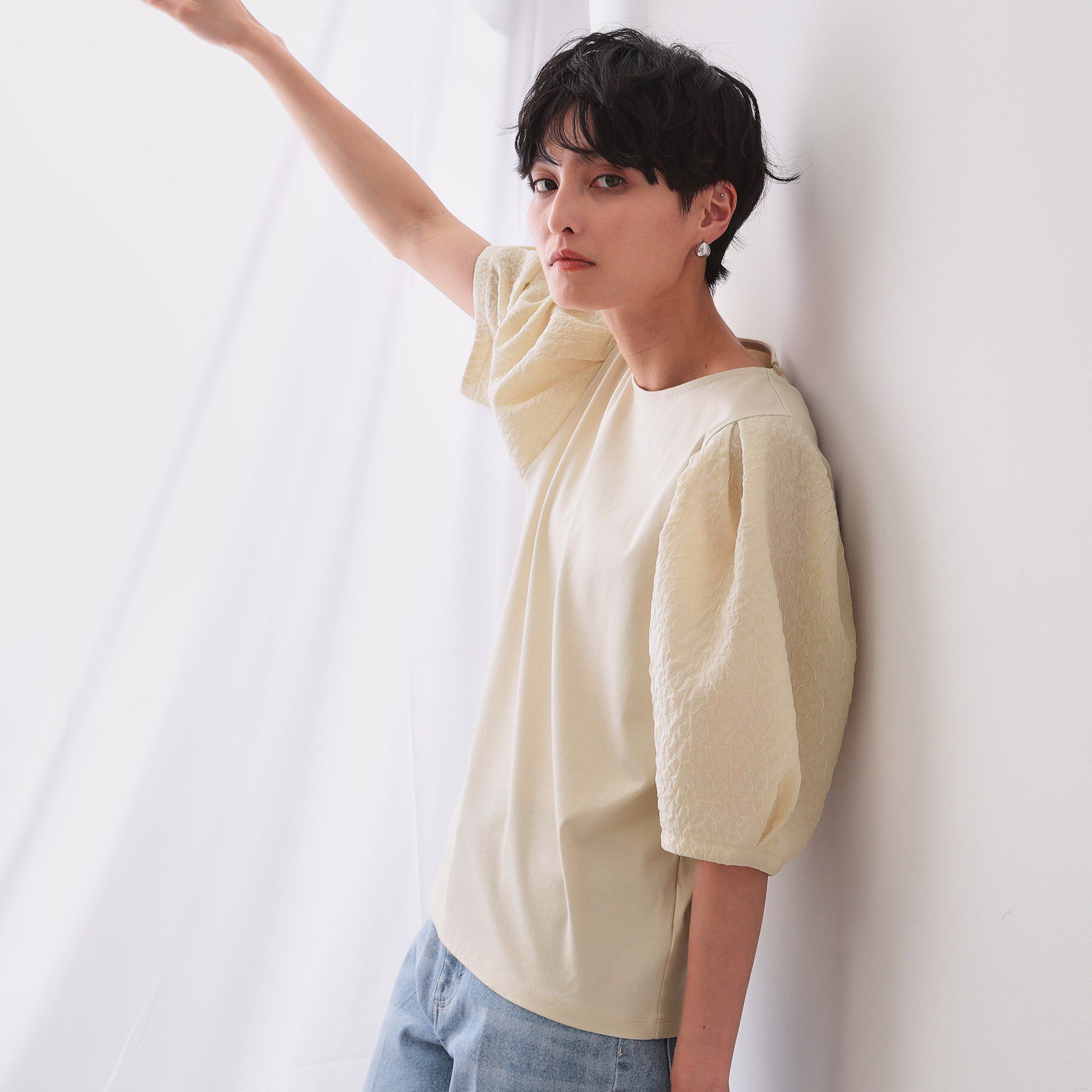 OPAQUE.CLIP「ふくれドッキングスリーブトップス【洗濯機洗い可】」|Tシャツ・カットソー|ライトベージュ(05