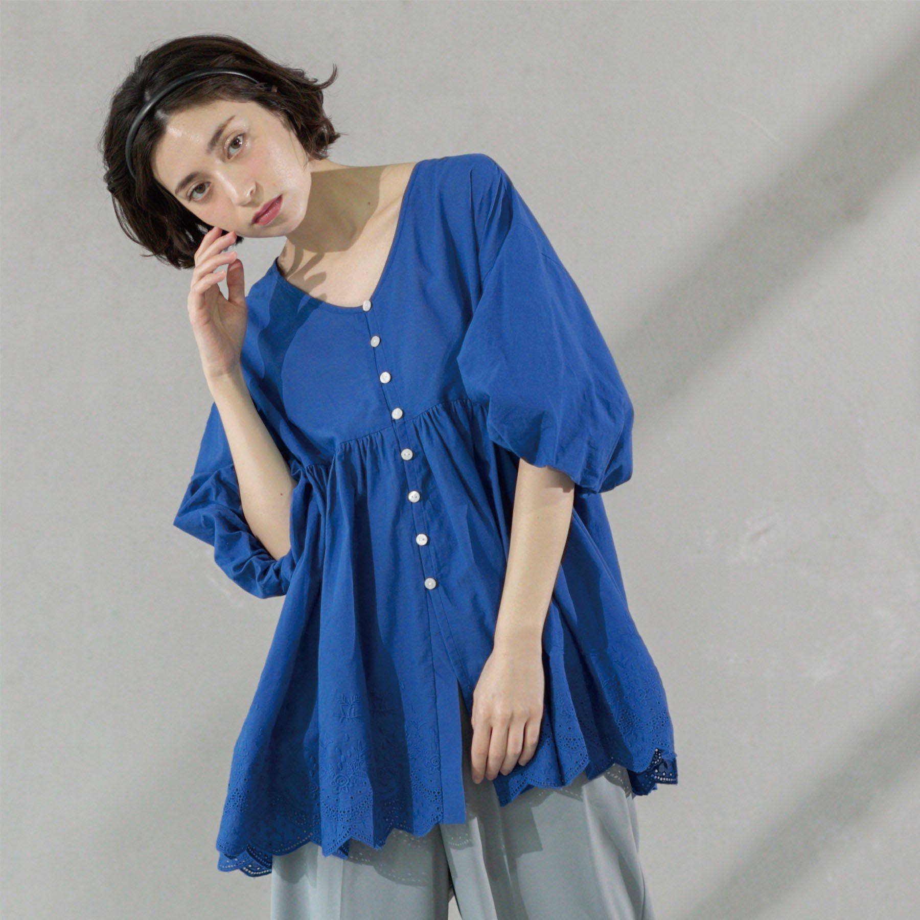 OPAQUE.CLIP「バルーン袖スカラップ刺繍レースチュニック」|シャツ・ブラウス|
