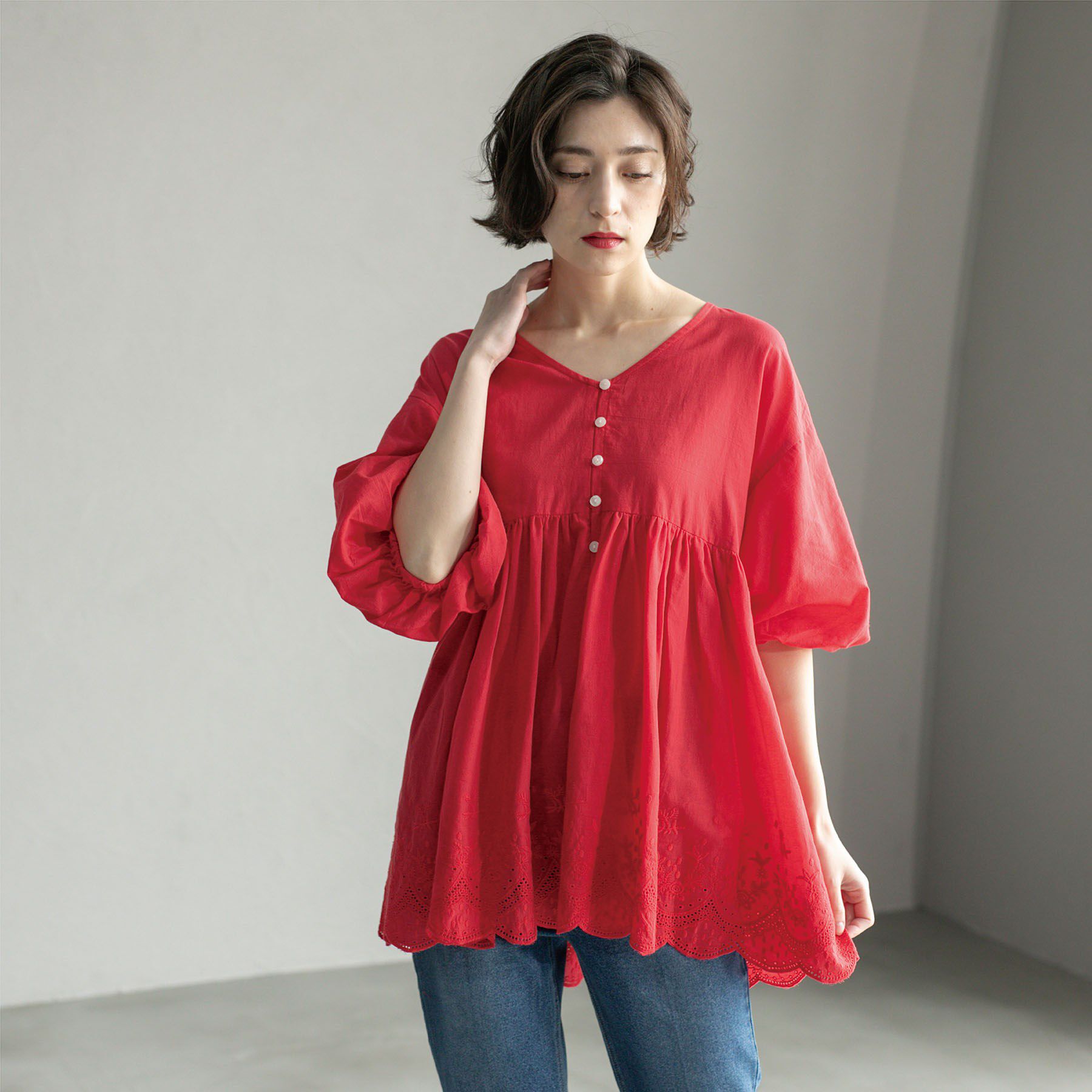 OPAQUE.CLIP「バルーン袖スカラップ刺繍レースチュニック」|シャツ・ブラウス|