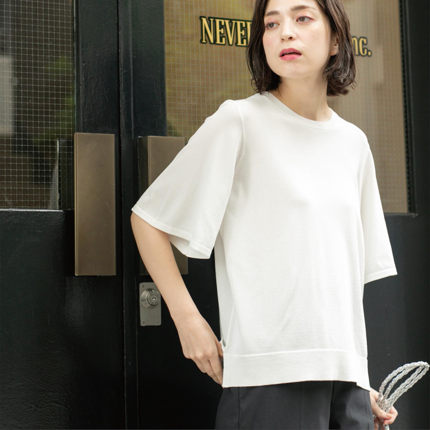 OPAQUE.CLIP「《6色展開/S-LLサイズ》フレアスリーブニット【UV/接触冷感/抗ピル/洗濯機洗い可】」|ニット・セーター|