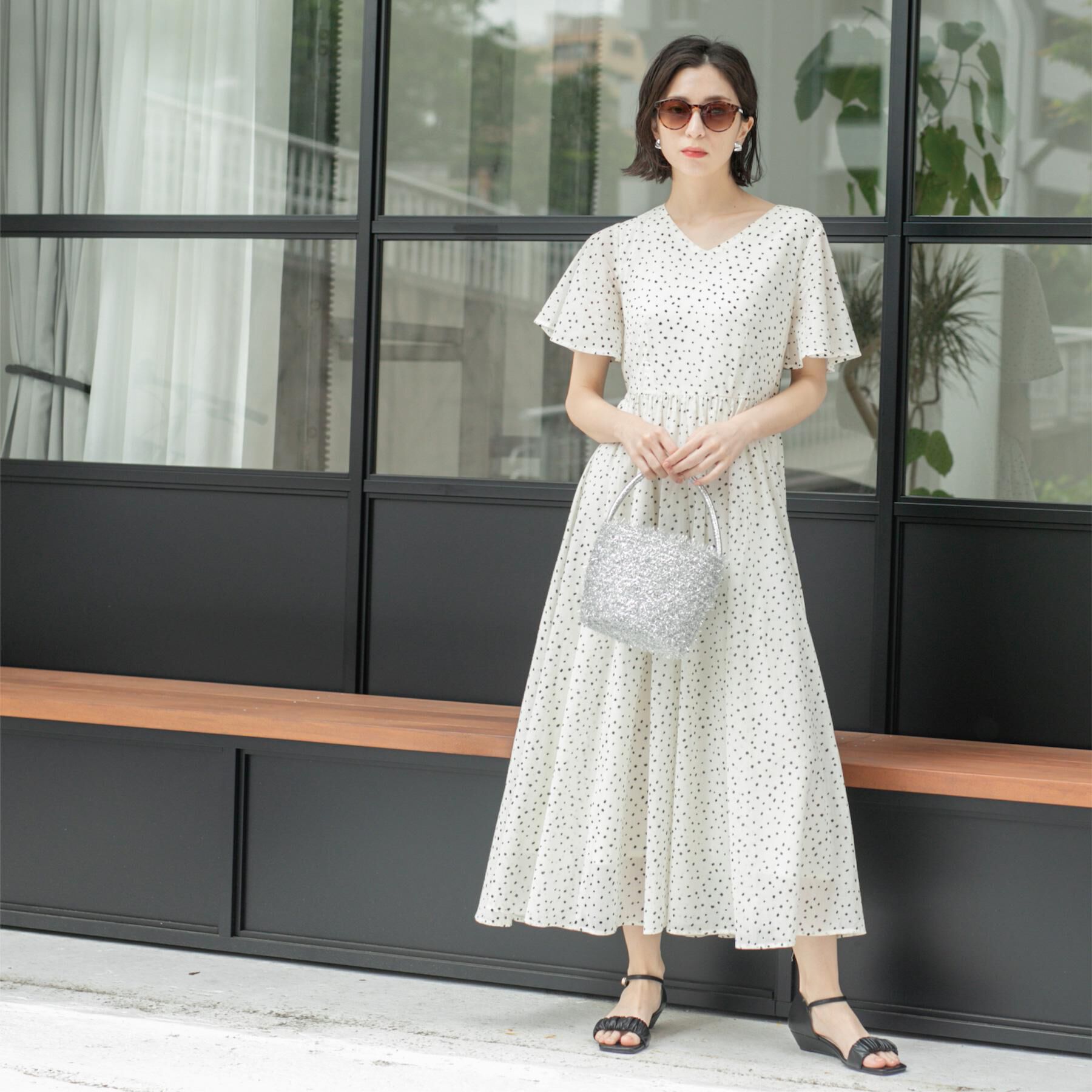 OPAQUE.CLIP「Vネックフィット＆フレアドレス/オーガニックコットン混【洗濯機洗い可】」|ワンピース|