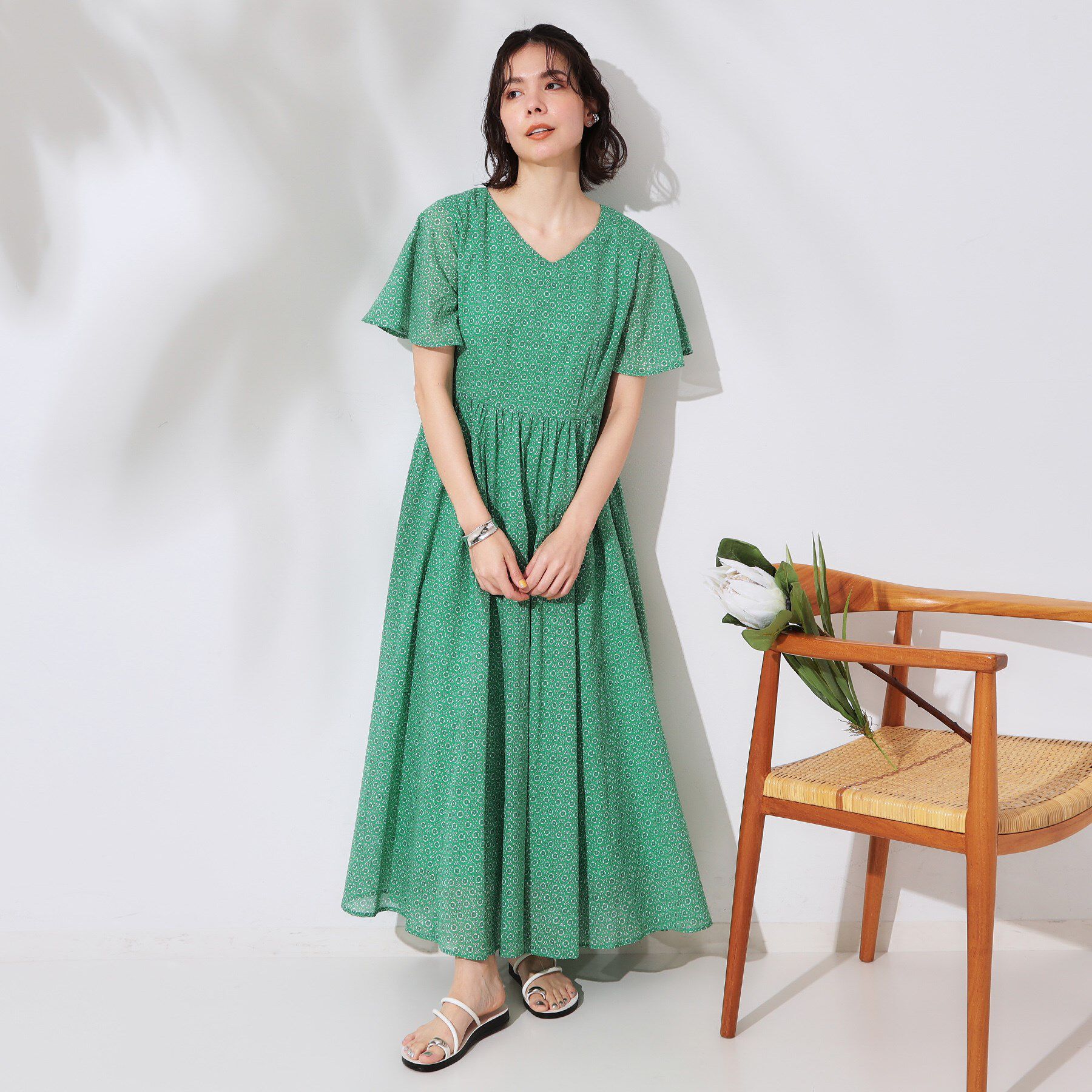 OPAQUE.CLIP「Vネックフィット＆フレアドレス/オーガニックコットン混【洗濯機洗い可】」|ワンピース|