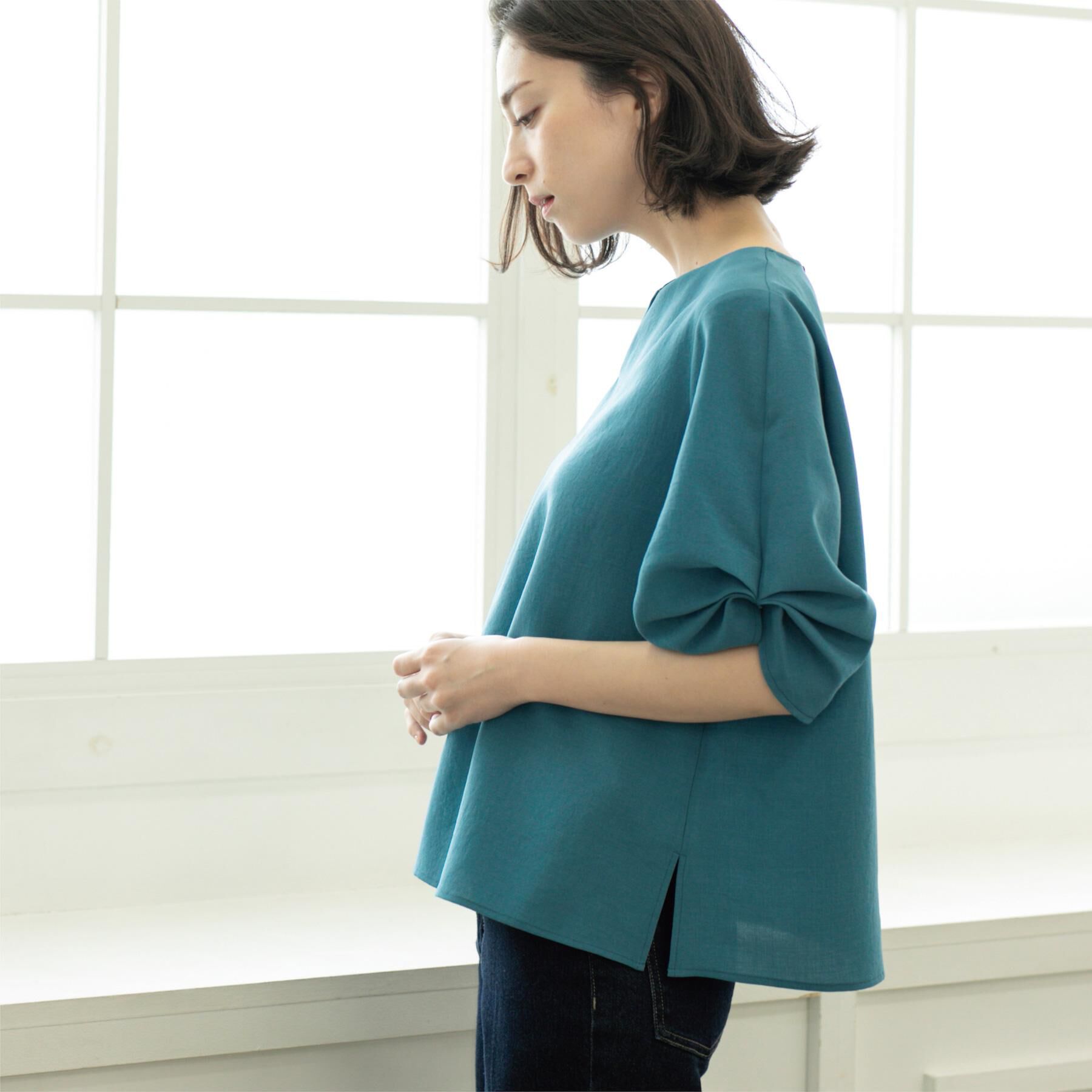 OPAQUE.CLIP「リネンライクキーネックタックスリーブブラウス【洗濯機洗い可/吸水速乾/接触冷感】」|シャツ・ブラウス|