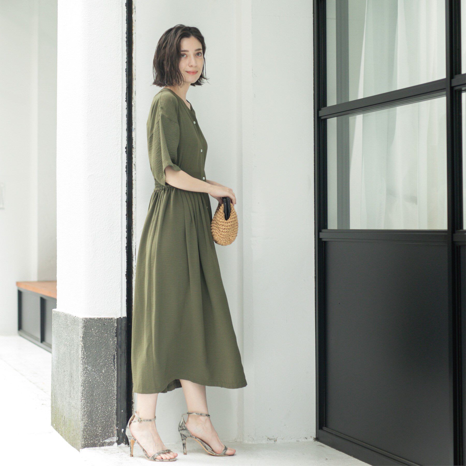 OPAQUE.CLIP「シャーリングフィット＆フレアワンピース【洗濯機洗い可】」|ワンピース|