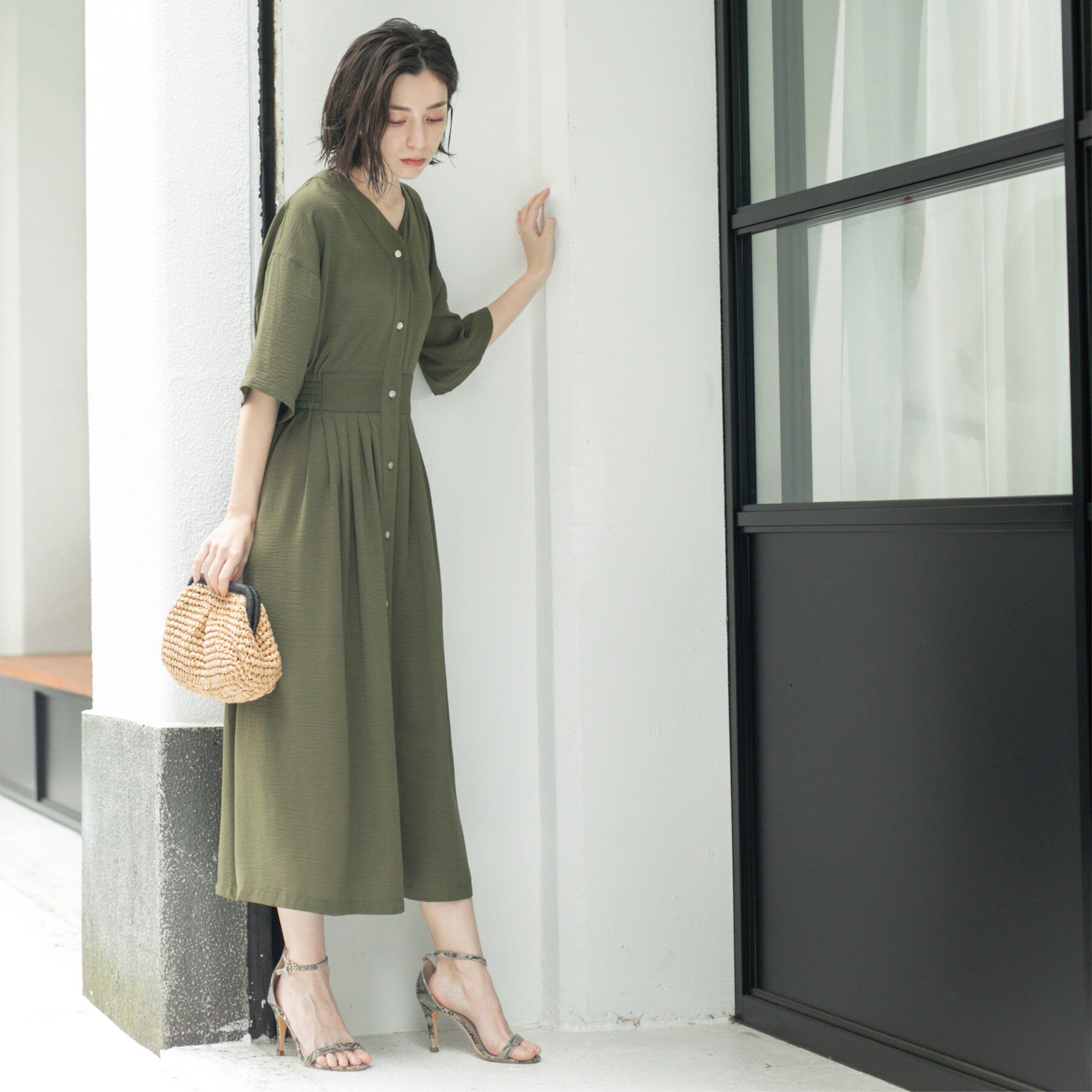 OPAQUE.CLIP「シャーリングフィット＆フレアワンピース【洗濯機洗い可】」|ワンピース|