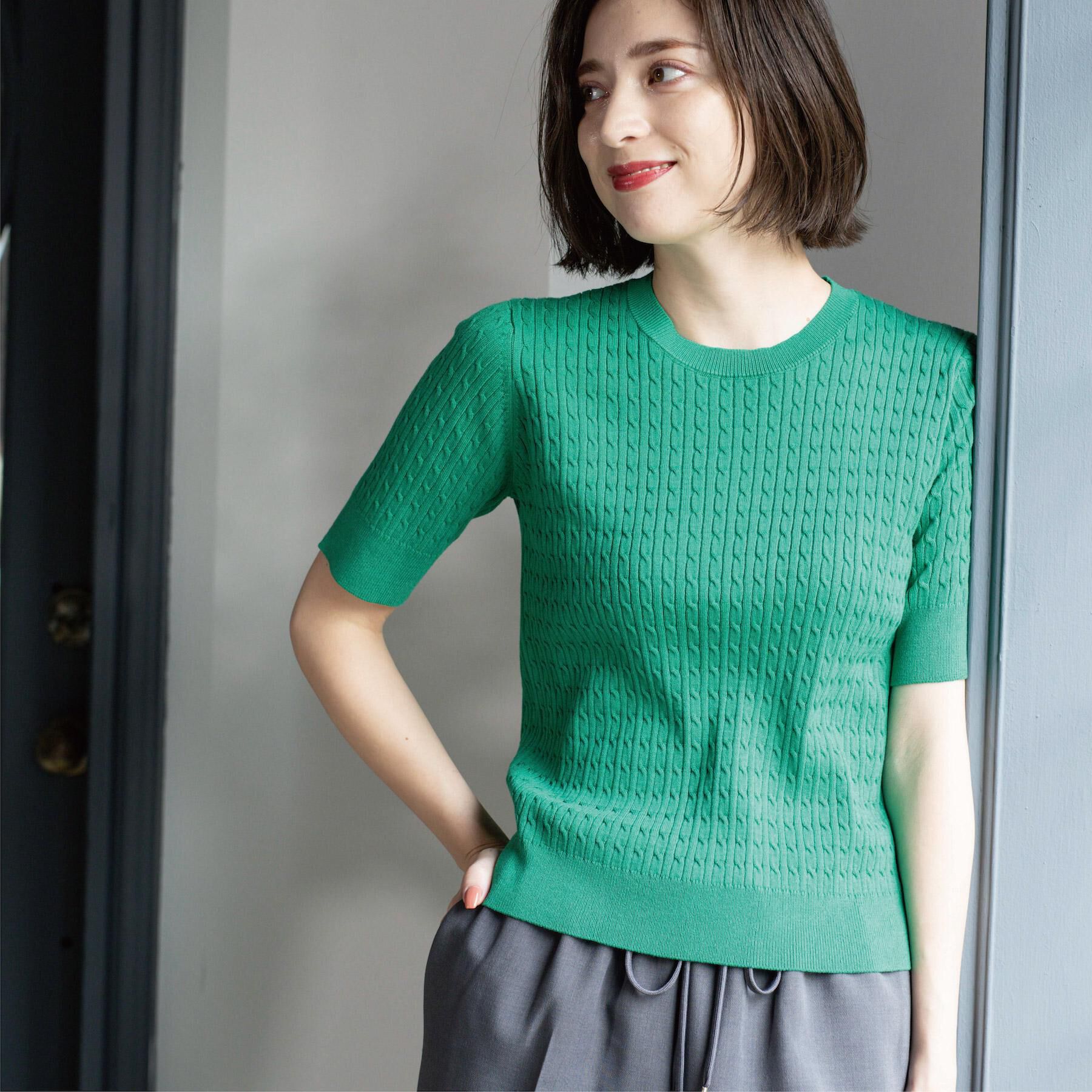 OPAQUE.CLIP「ケーブルハーフスリーブニット【UVケア/洗濯機OK】《6col/S～LL》」|ニット・セーター|