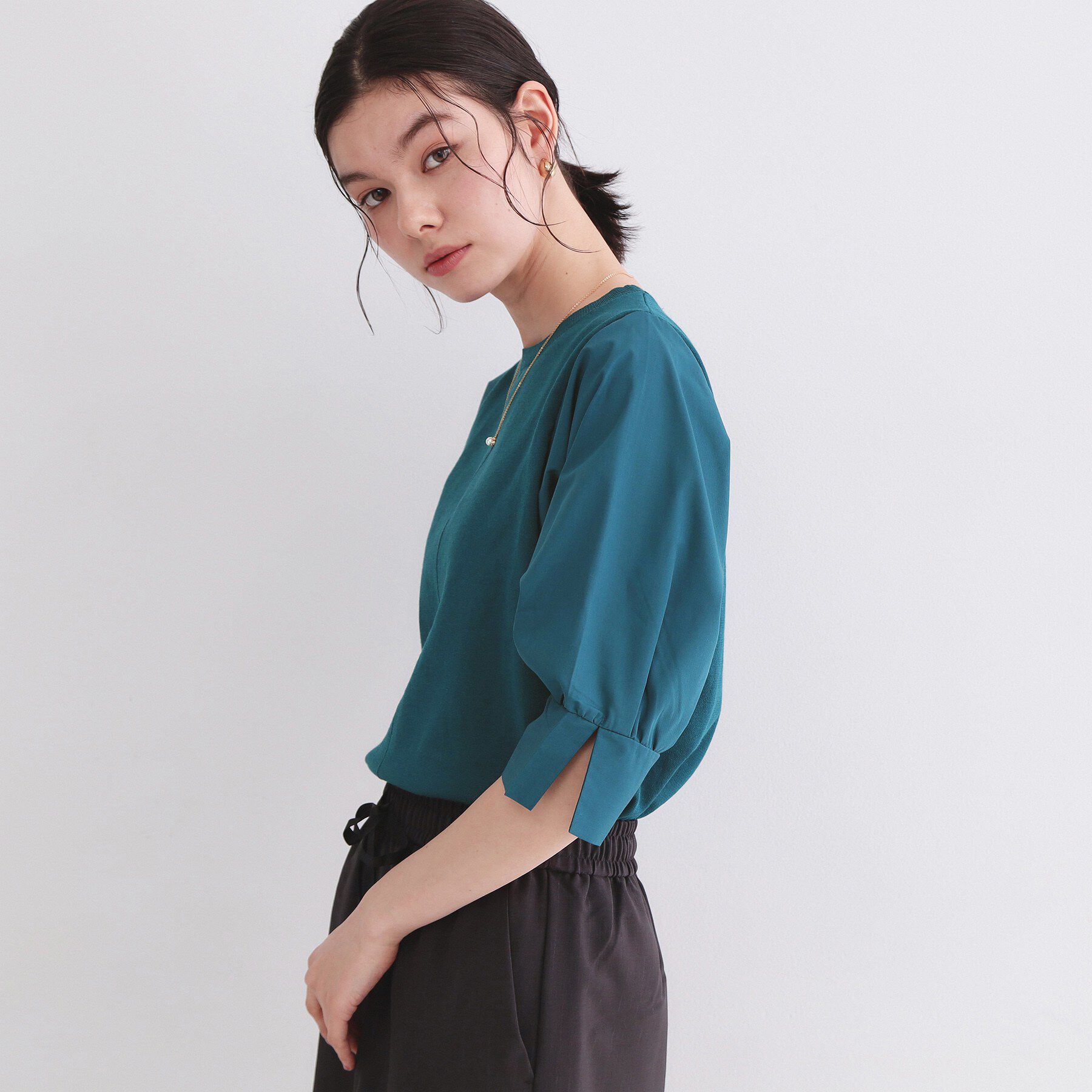 OPAQUE.CLIP「ドッキングスリーブニット【洗濯機洗い可/抗ピル】」|ニット・セーター|ブルーグリーン(09