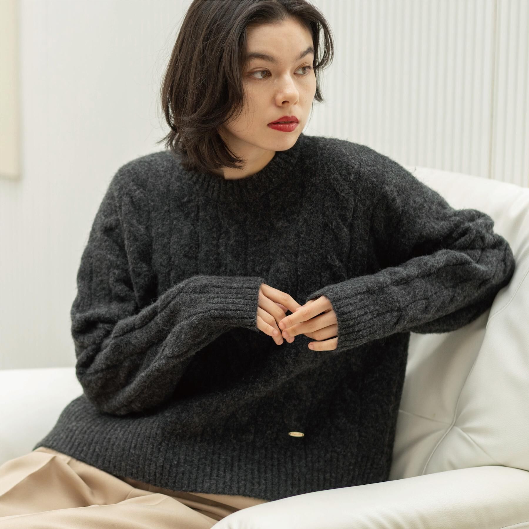 OPAQUE.CLIP「MIXミドルゲージケーブルニット【洗濯機OK】」|ニット・セーター|チャコールグレー(0