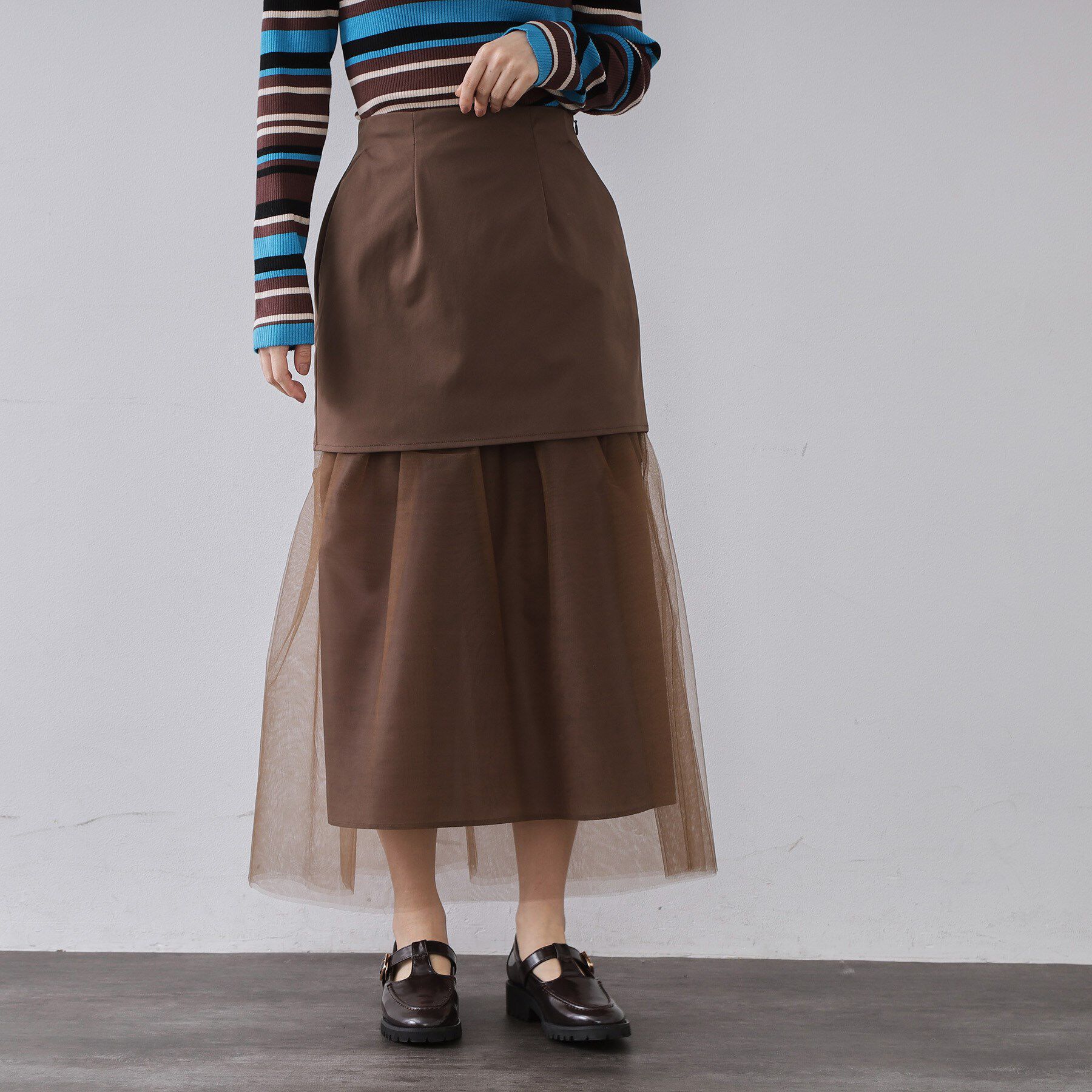 OPAQUE.CLIP「チュールドッキングデザインスカート【洗濯機OK】」|スカート|ブラウン(044)