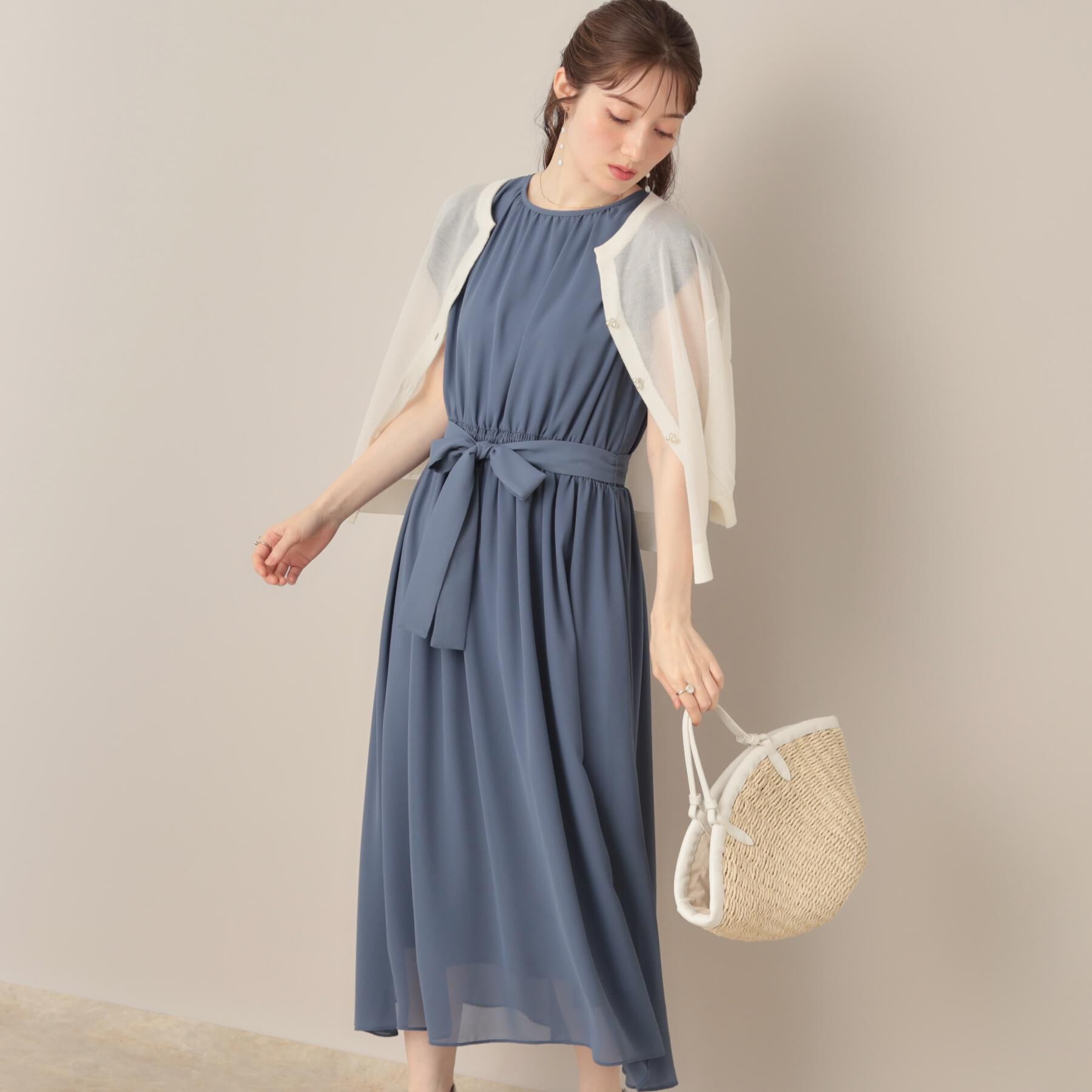 Couture broach「【前後2WAY・二の腕カバー】ダブルパール調釦5分袖シアーカーディガントップス」|カーディガン|