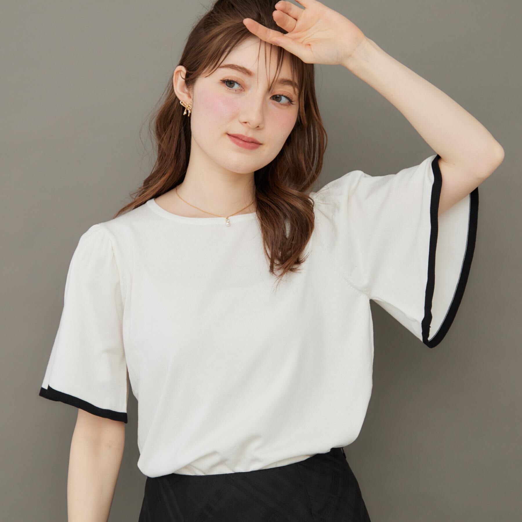 Couture broach「【フェミニン・5分袖・通勤】配色フレアスリーブニット」|ニット・セーター|