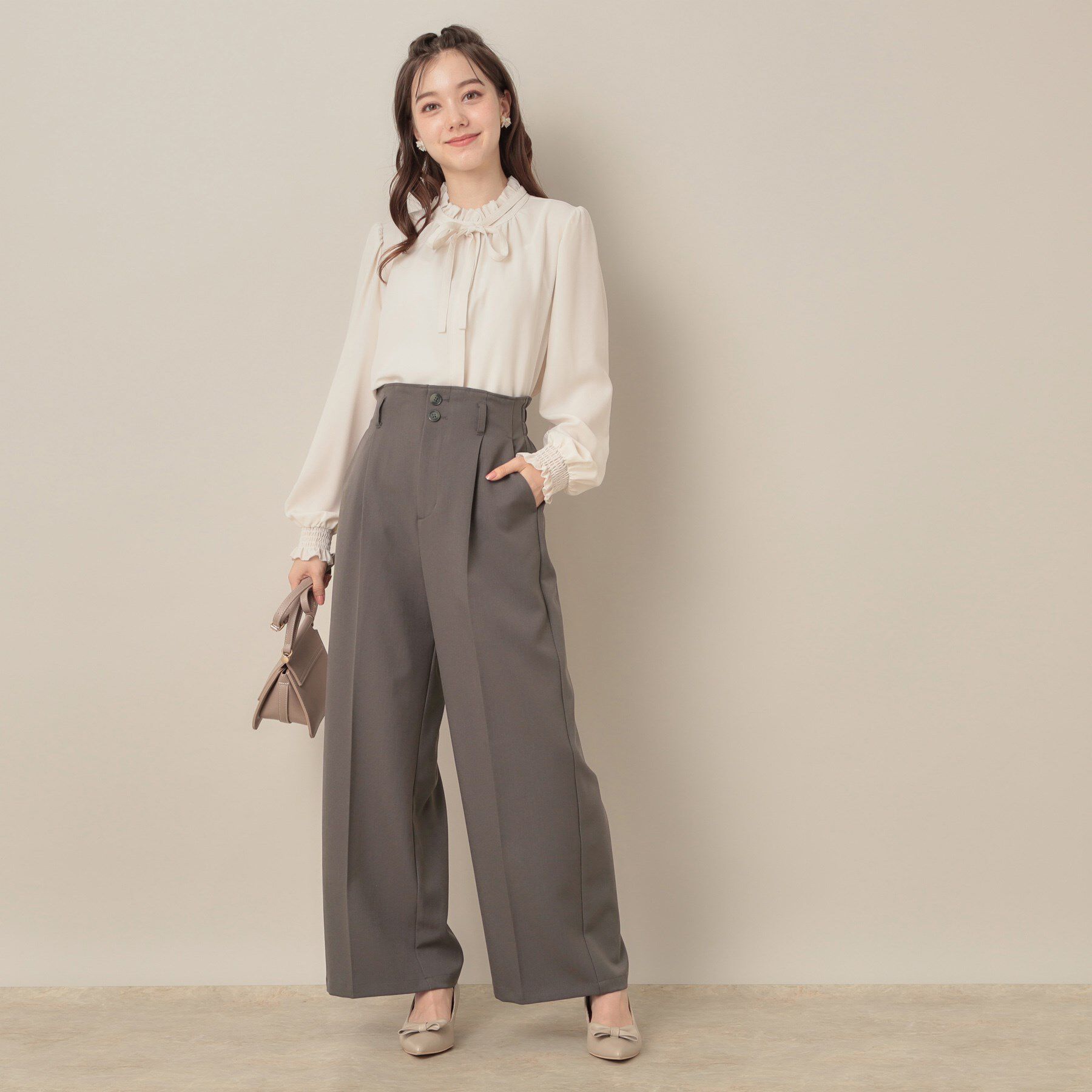 Couture broach「【帯電防止・通勤】ウエストリボン サスペンダー付きワイドパンツ」|その他|