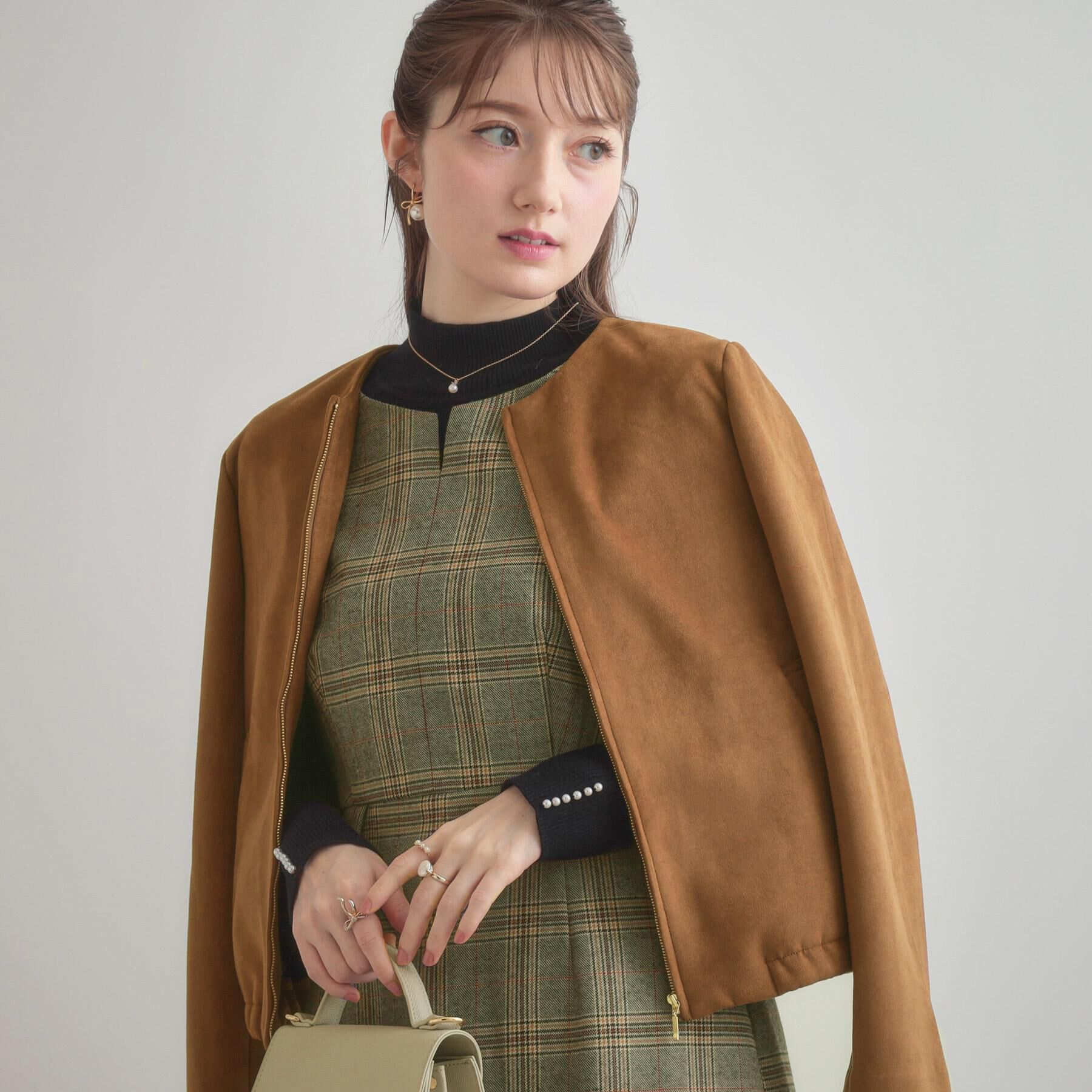 Couture broach「【通勤・大人上品】スエード調ダンボール ノーカラージャケット」|ブルゾン・スタジャン|キャメルブラウン(0