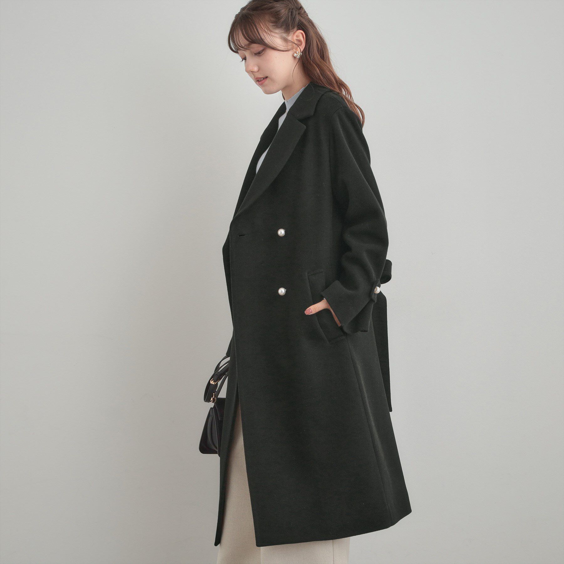 Couture broach「【大人上品・ベルト付き】パール調釦チェスターコート」|チェスターコート|